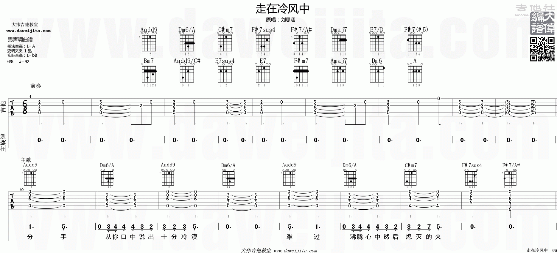 走在冷风中吉他谱(图片谱,大伟吉他,弹唱,教学)_刘思涵(koala)_tab