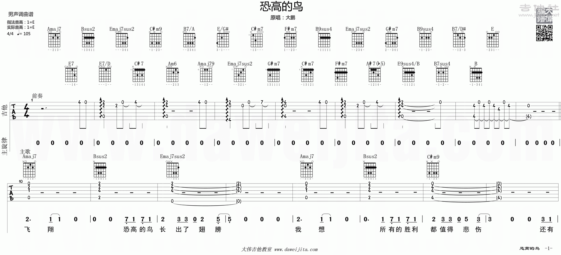 恐高的鸟(电影《煎饼侠》插曲)吉他谱(图片谱,弹唱,教学,大伟吉他)