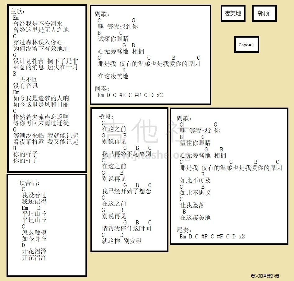 凄美地吉他谱(图片谱,弹唱,和弦谱)_郭顶_变调夹一品的