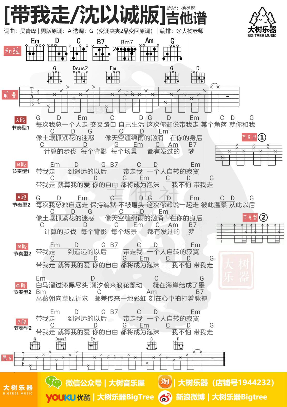 《带我走》杨丞琳-吉他弹唱-吉他谱-大树乐器