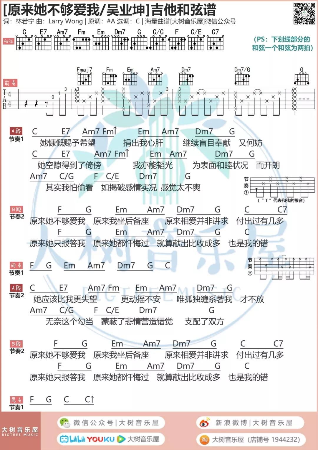 原来她不够爱我(吉他弹唱演示-大树音乐屋)吉他谱(图片谱,弹唱)