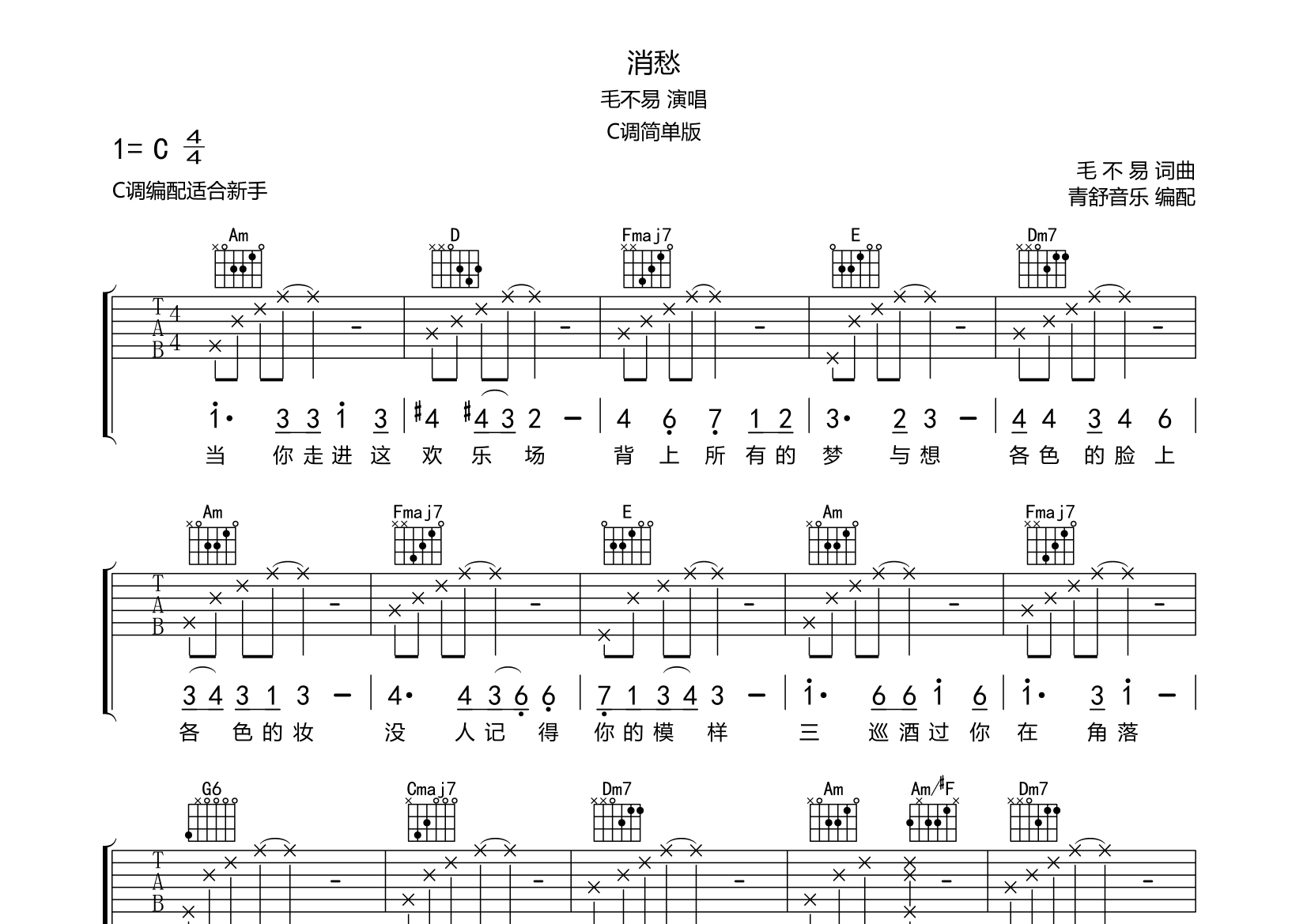 消愁吉他谱(图片谱,弹唱,简单版,c调)_毛不易(王维家)