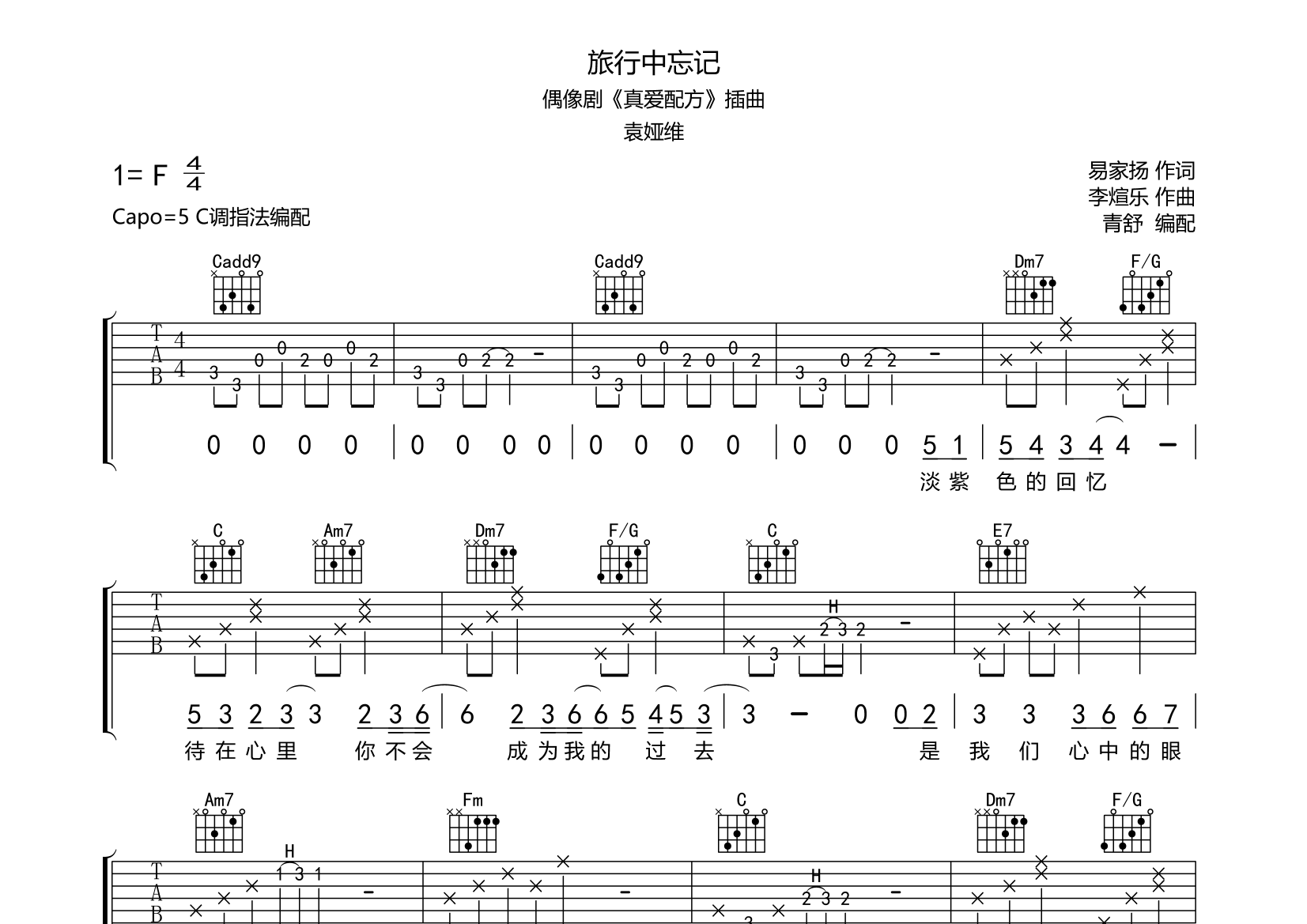 旅行中忘记(c调原版谱)吉他谱(图片谱,旅行中忘记,袁娅维,c调)_袁娅维