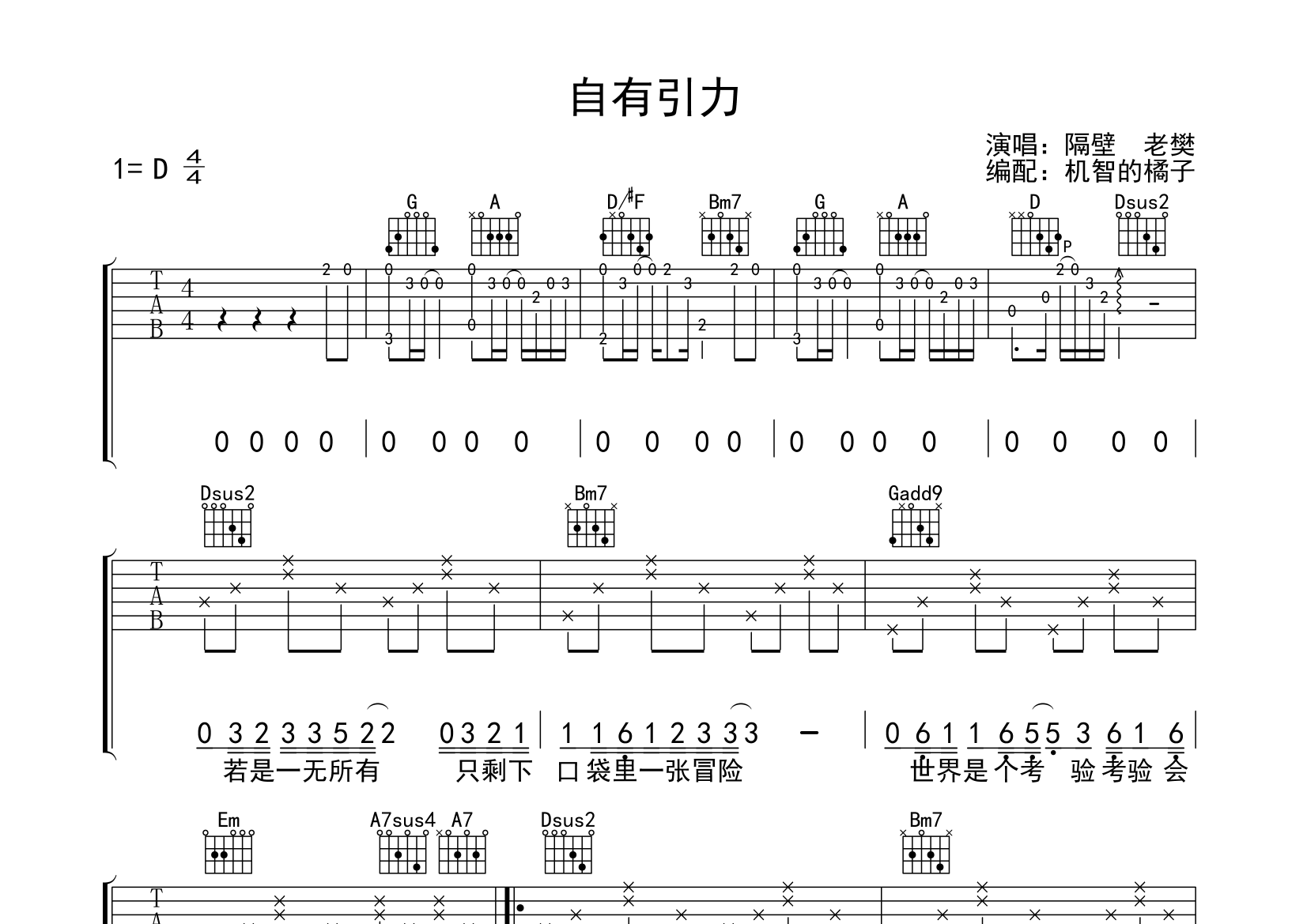 自有引力(隔壁老樊)吉他谱(图片谱,弹唱)_隔壁老樊(樊