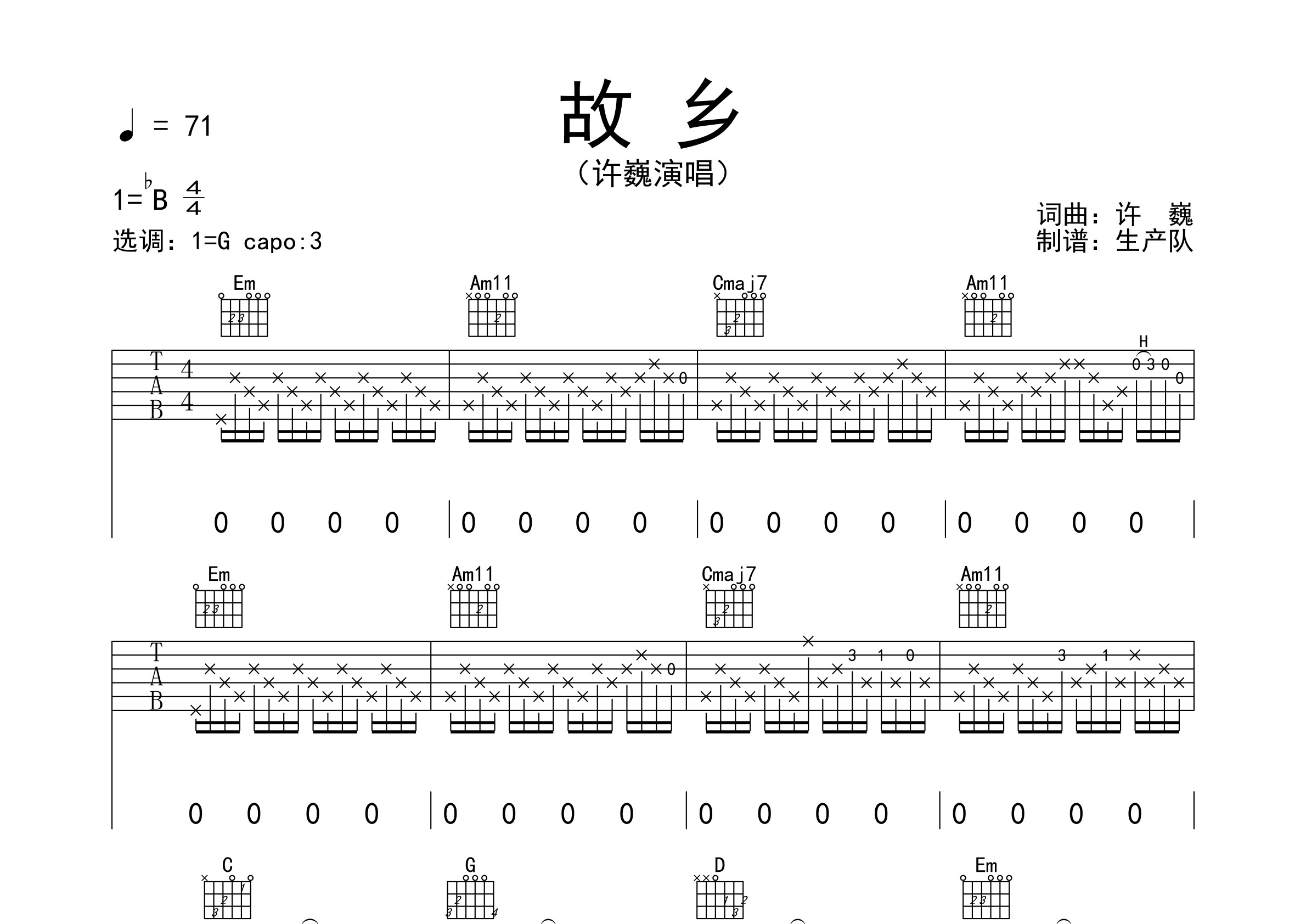 故乡(精编完美版) 【致敬经典】吉他谱(图片谱,弹唱,原版,前奏)_许巍