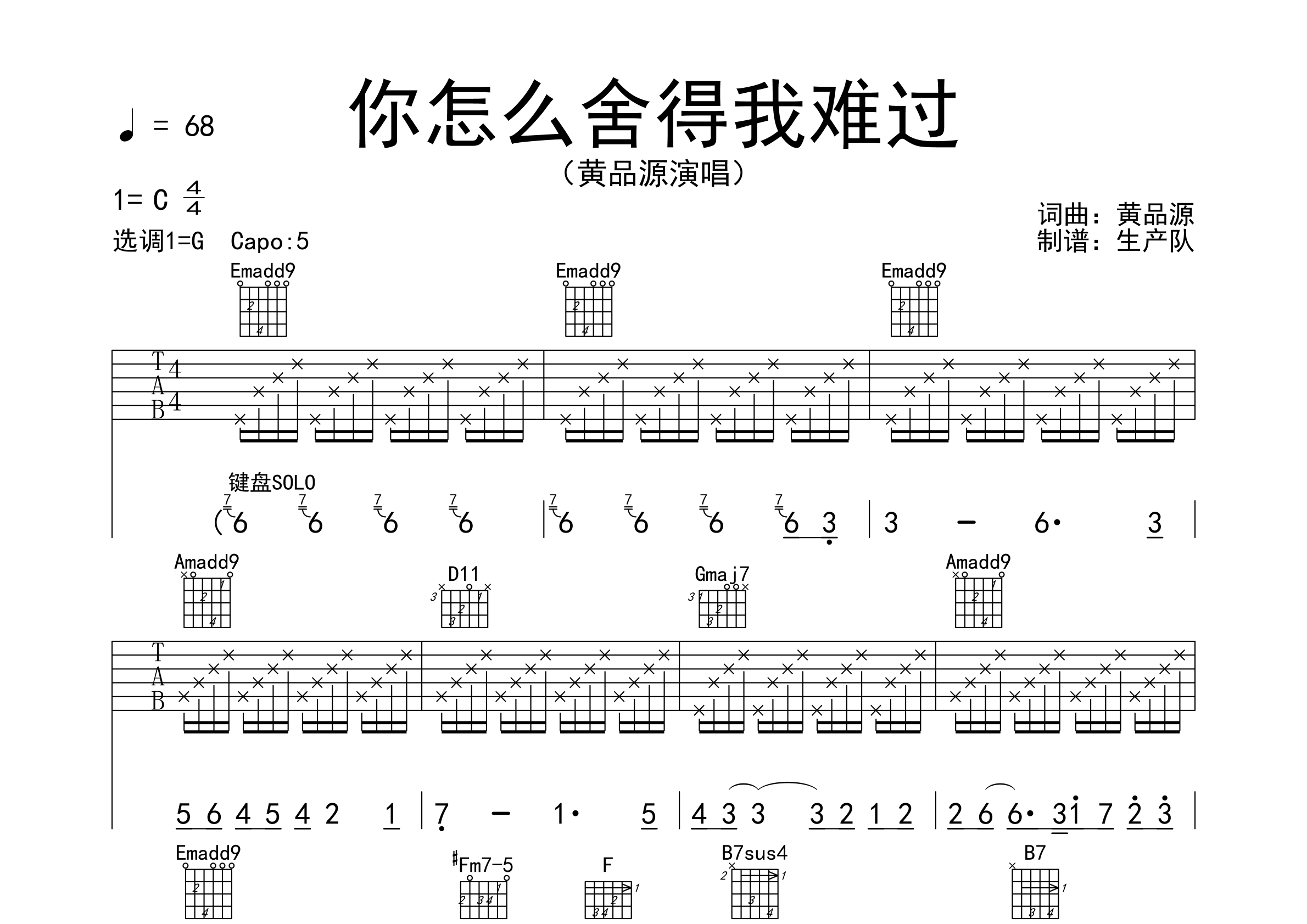 你怎么舍得我难过(原版吉他谱【回味经典】