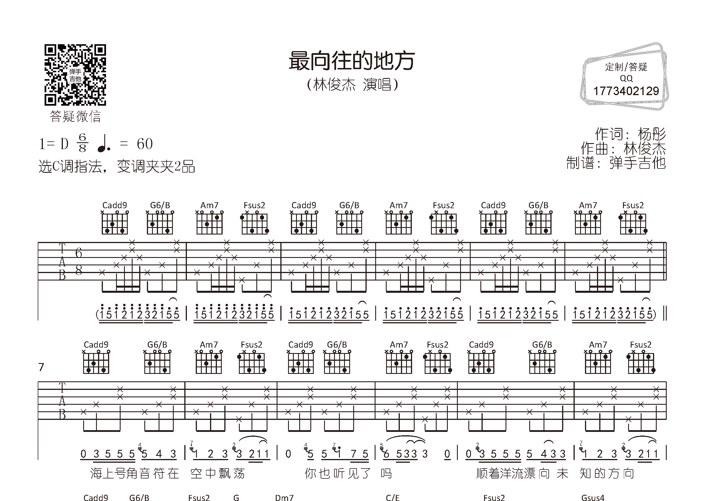 最向往的地方(弹手吉他编配)吉他谱(图片谱,c调,原版