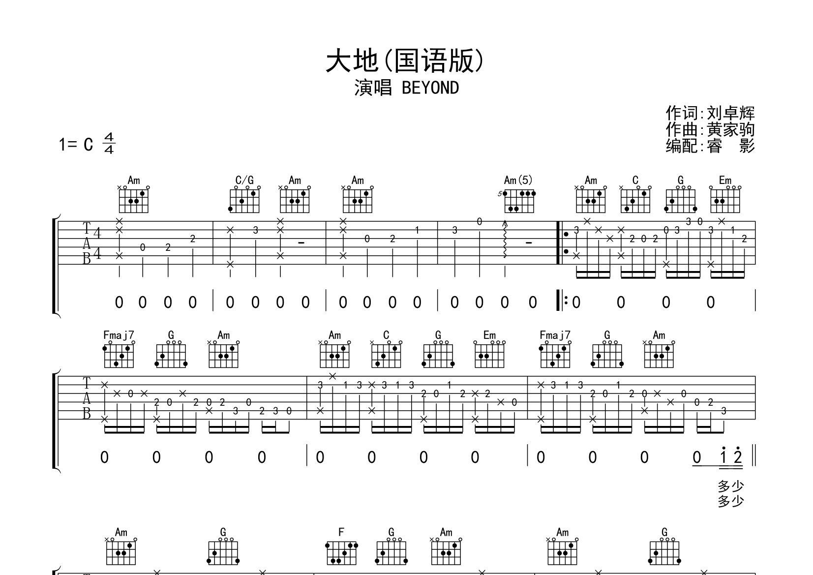 大地(国语版)吉他谱(图片谱)_beyond