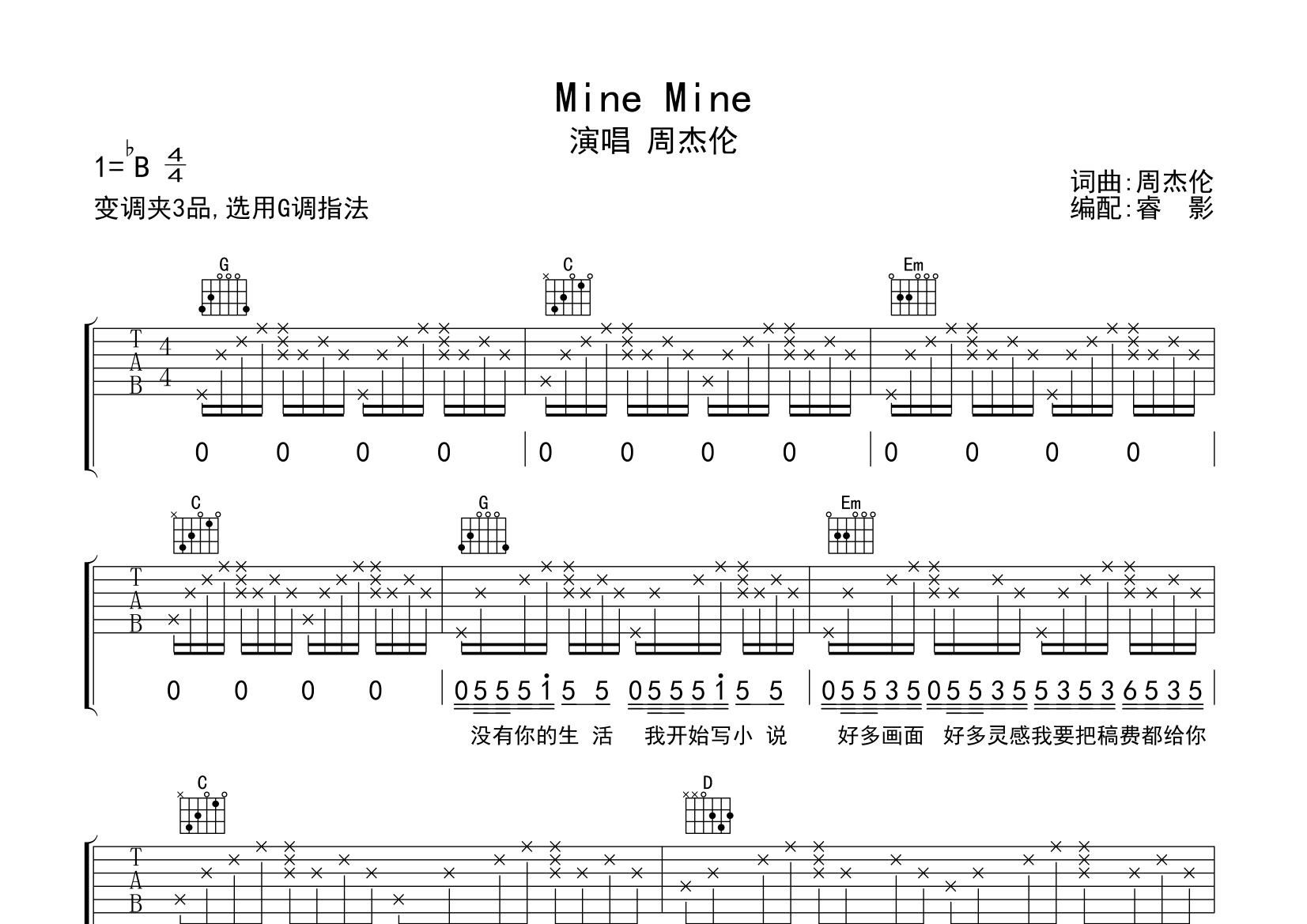 mine mine吉他谱(图片谱)_周杰伦(jay chou) - 吉他社