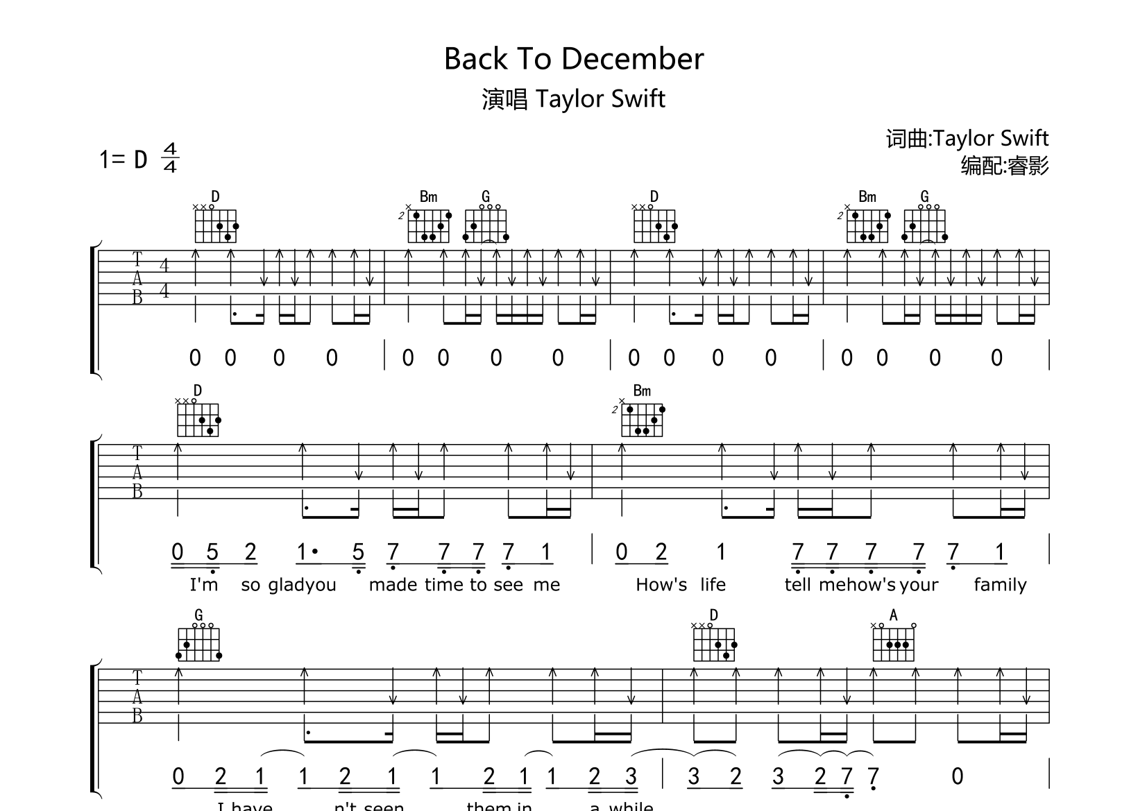 back to december吉他谱(图片谱)_taylor swift(泰勒·史薇芙特;泰勒