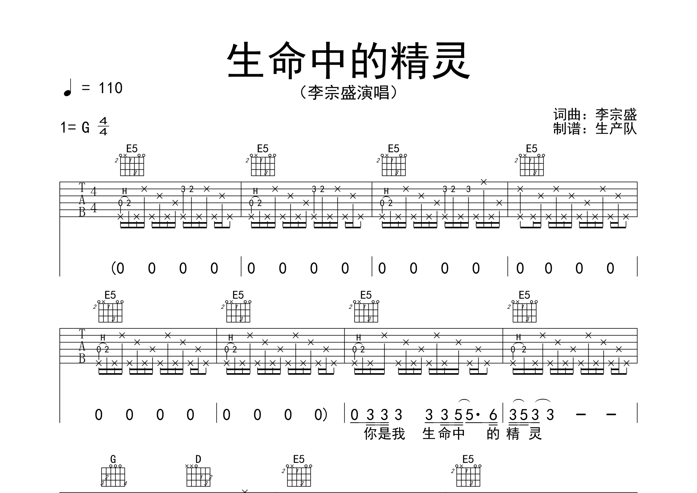 生命中的精灵(原版吉他谱【回味经典】