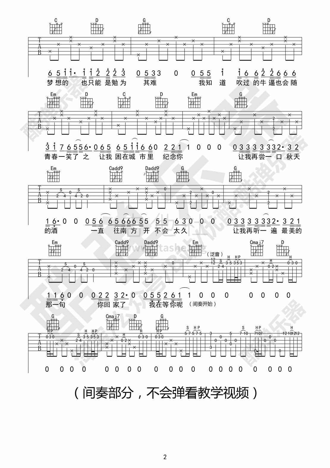 安河桥(打板前奏带间奏原版吉他谱 教学(酷弹乐器))