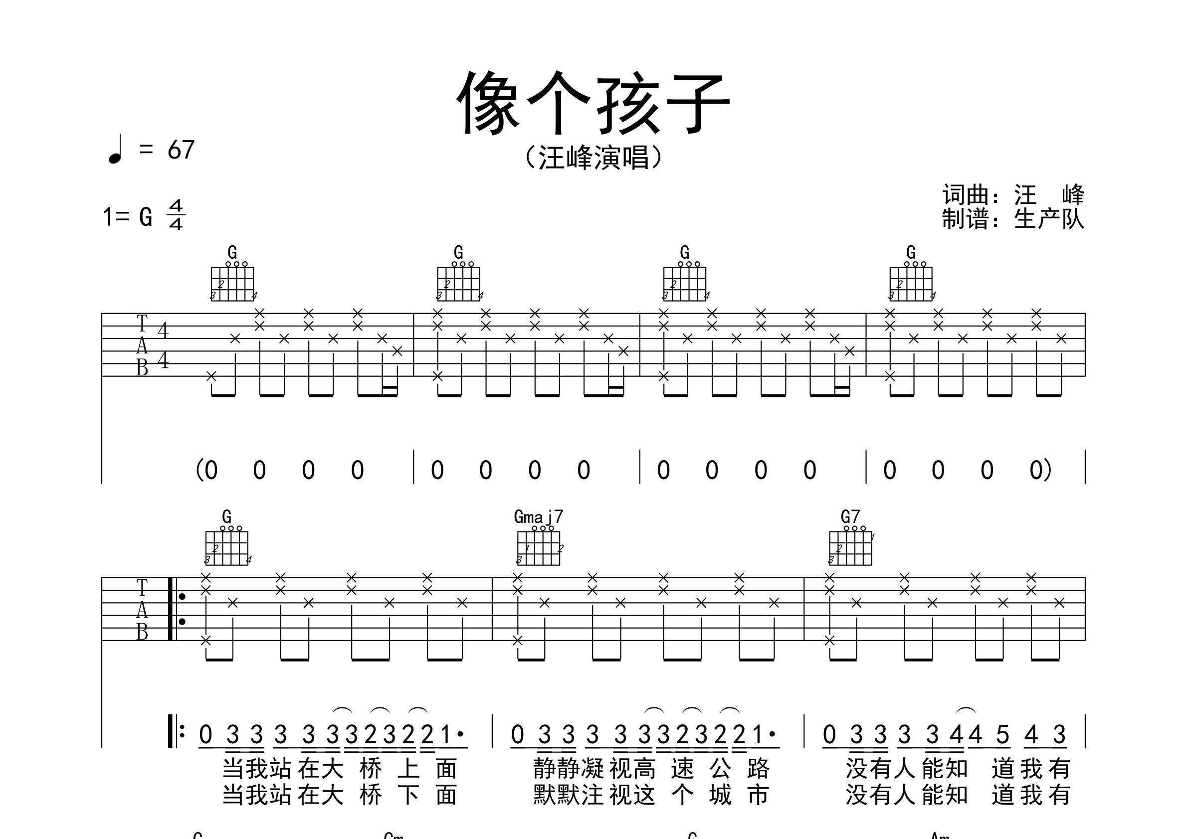 像个孩子(原版吉他谱) 【汪峰经典】