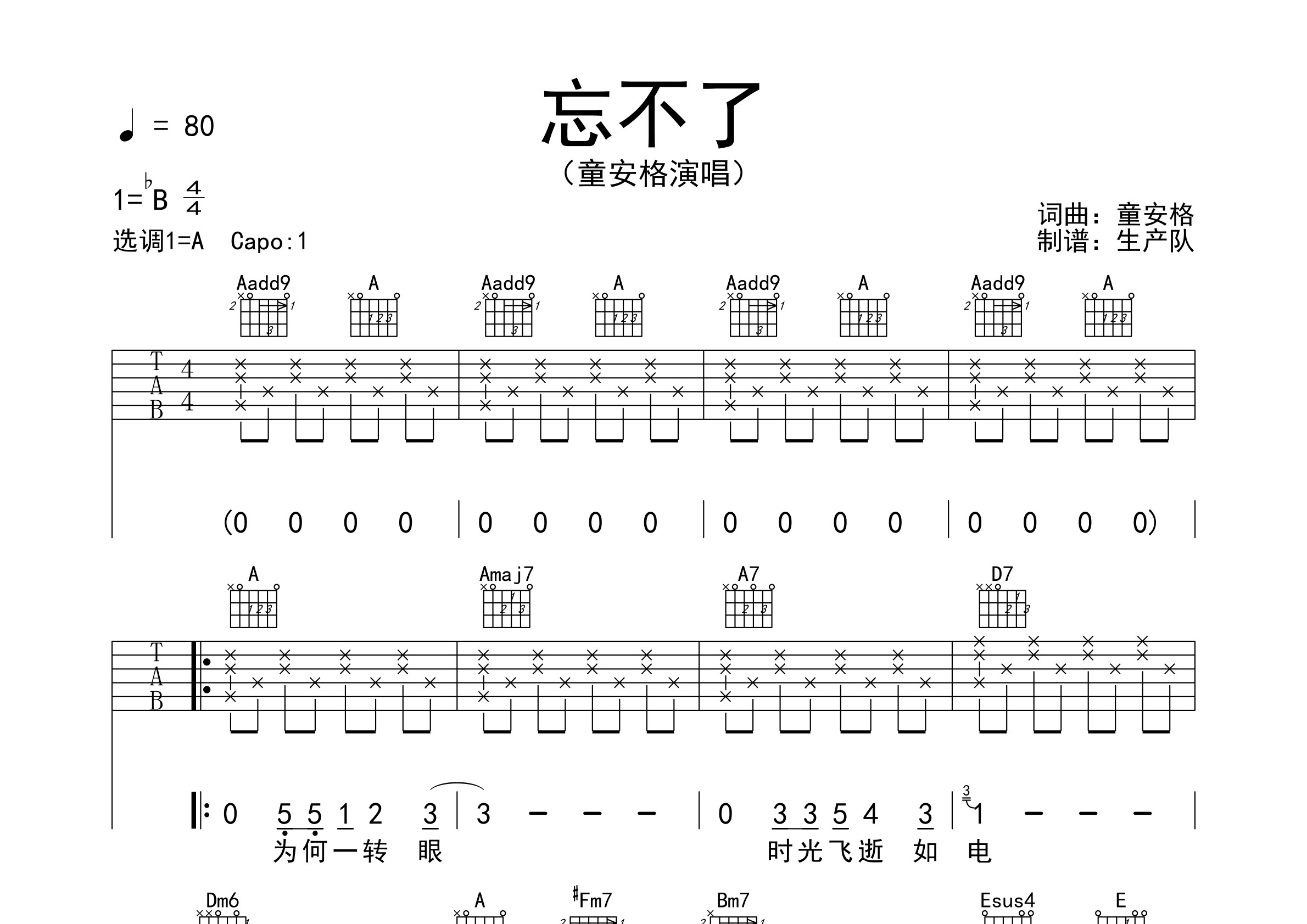 忘不了(原版吉他谱【回味经典】吉他谱(图片谱,弹唱,原版)_童安格