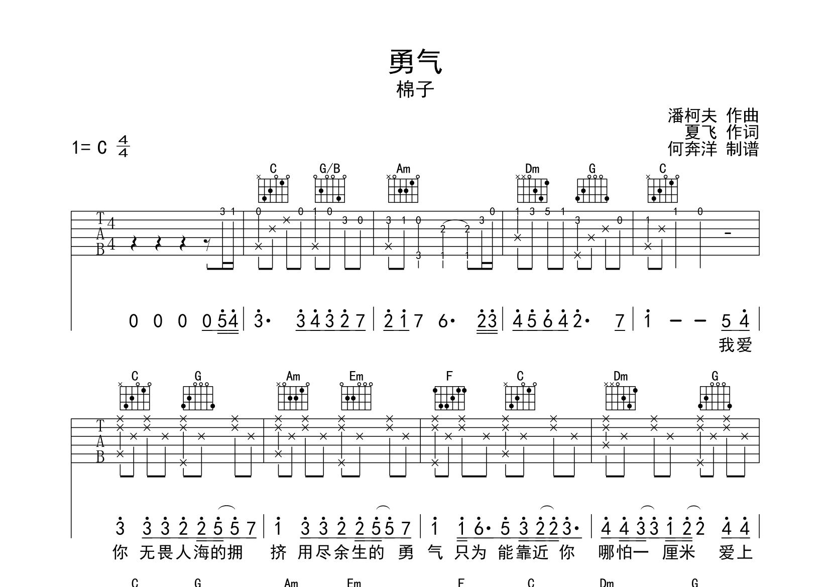 勇气吉他谱(图片谱)_棉子 - 吉他社