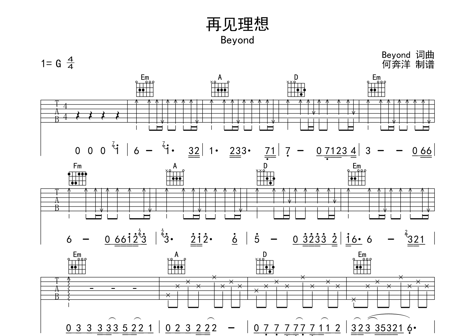 再见理想吉他谱(图片谱)_beyond