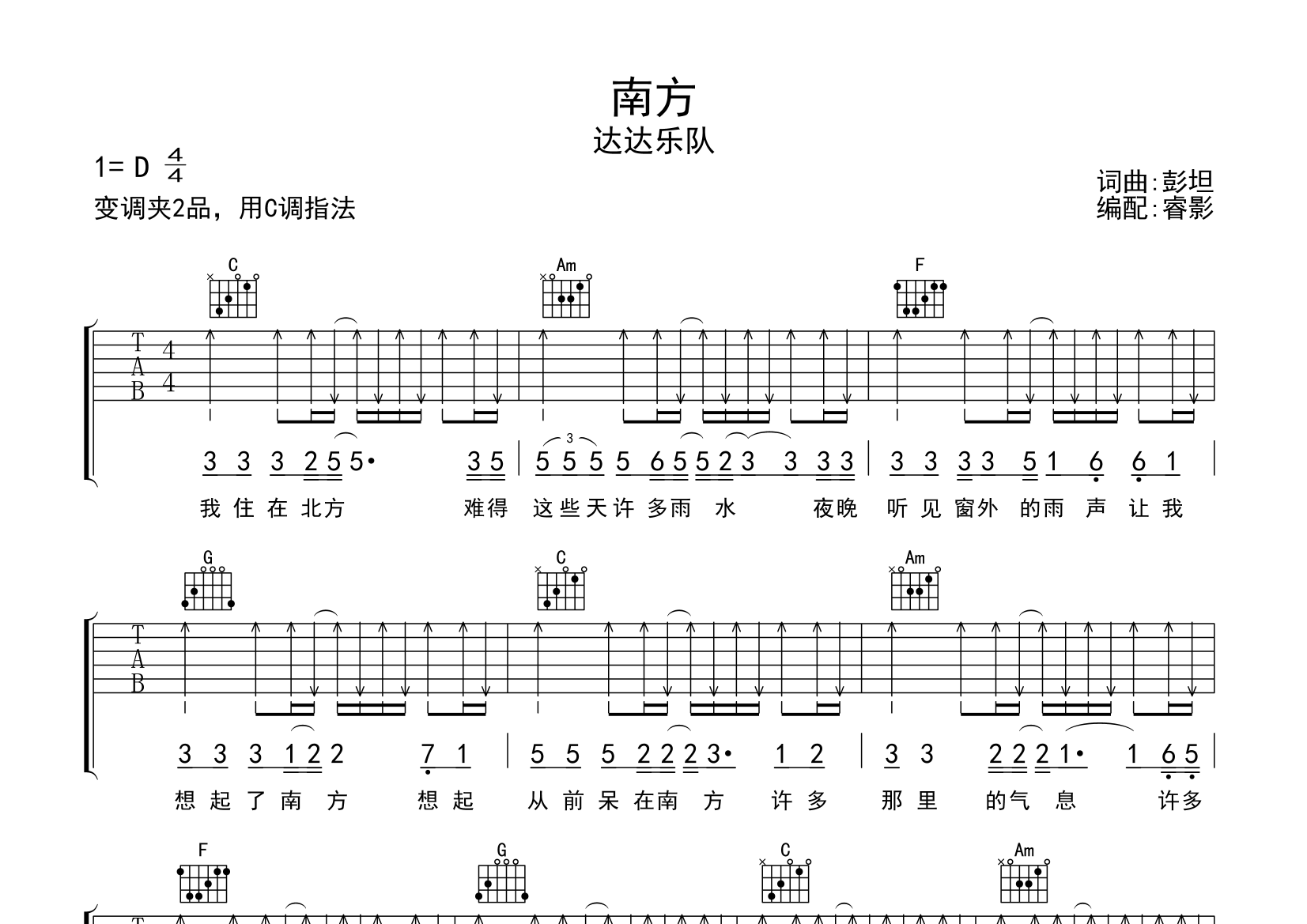 南方吉他谱(图片谱)_达达(达达乐队) - 吉他社