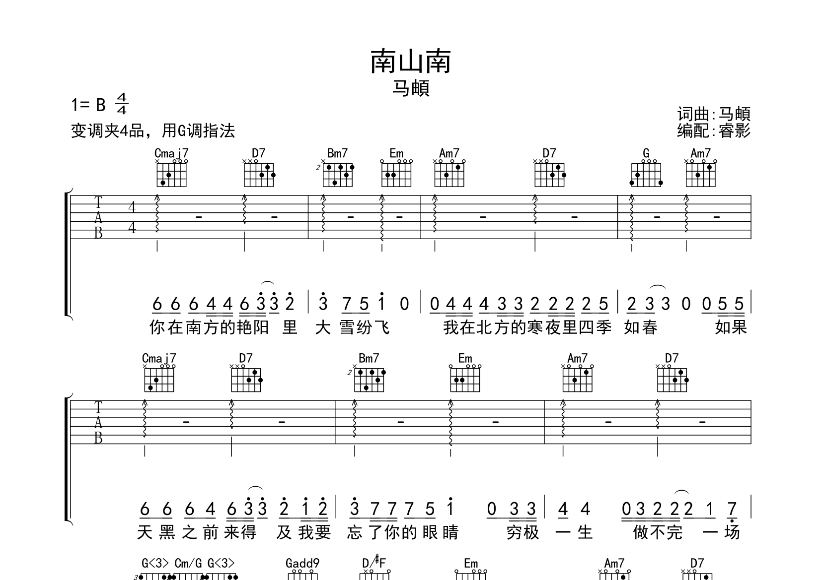 南山南吉他谱(图片谱)_马頔(麻油叶)