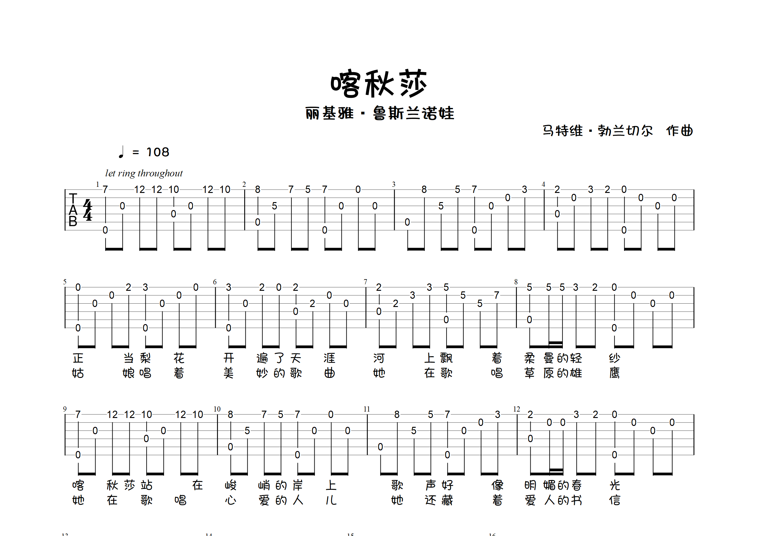 喀秋莎(指弹独奏谱)吉他谱(图片谱,指弹,独奏,简单版)_群星(various