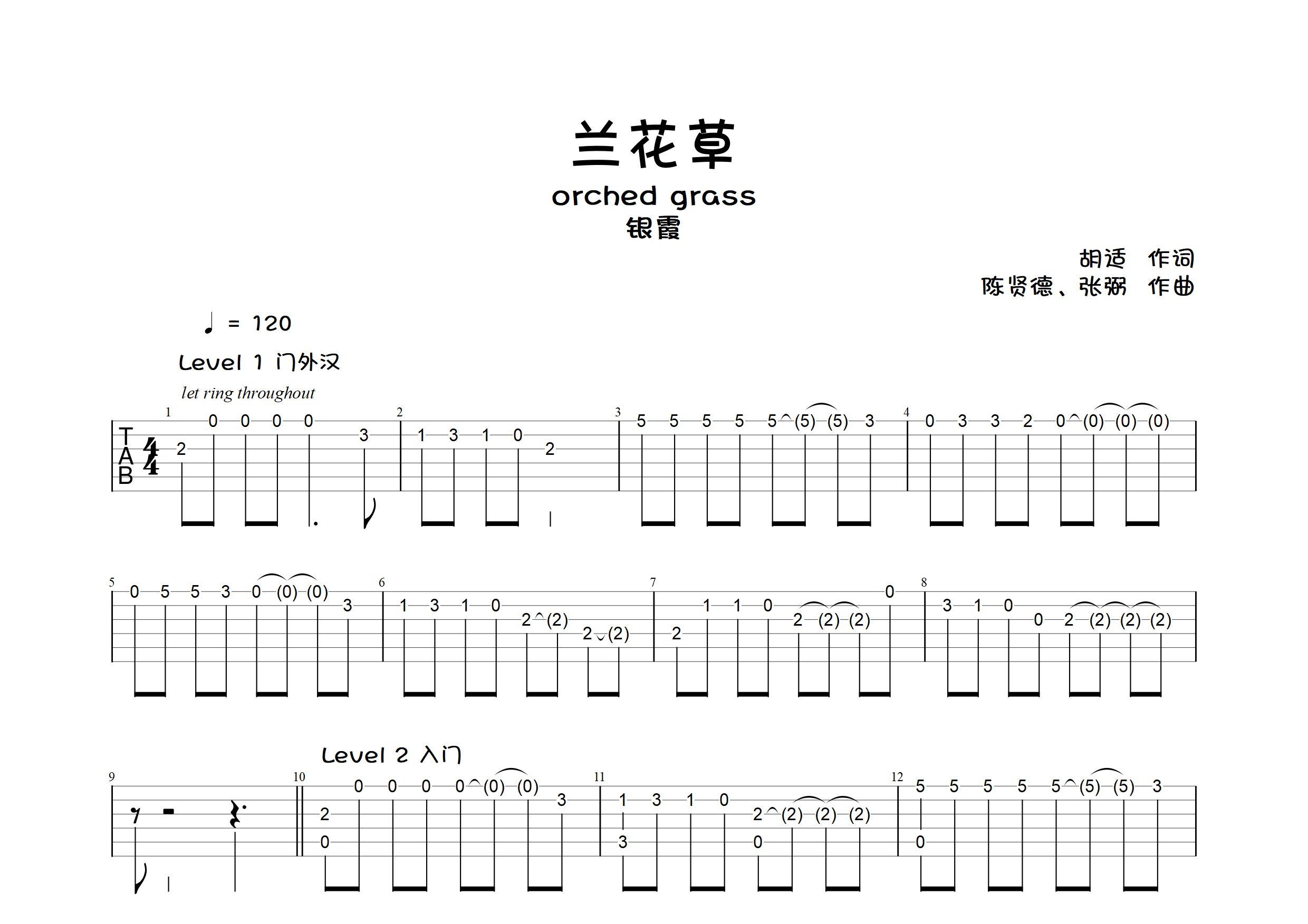 兰花草(lv1-7级难度指弹独奏)吉他谱(图片谱,独奏,)