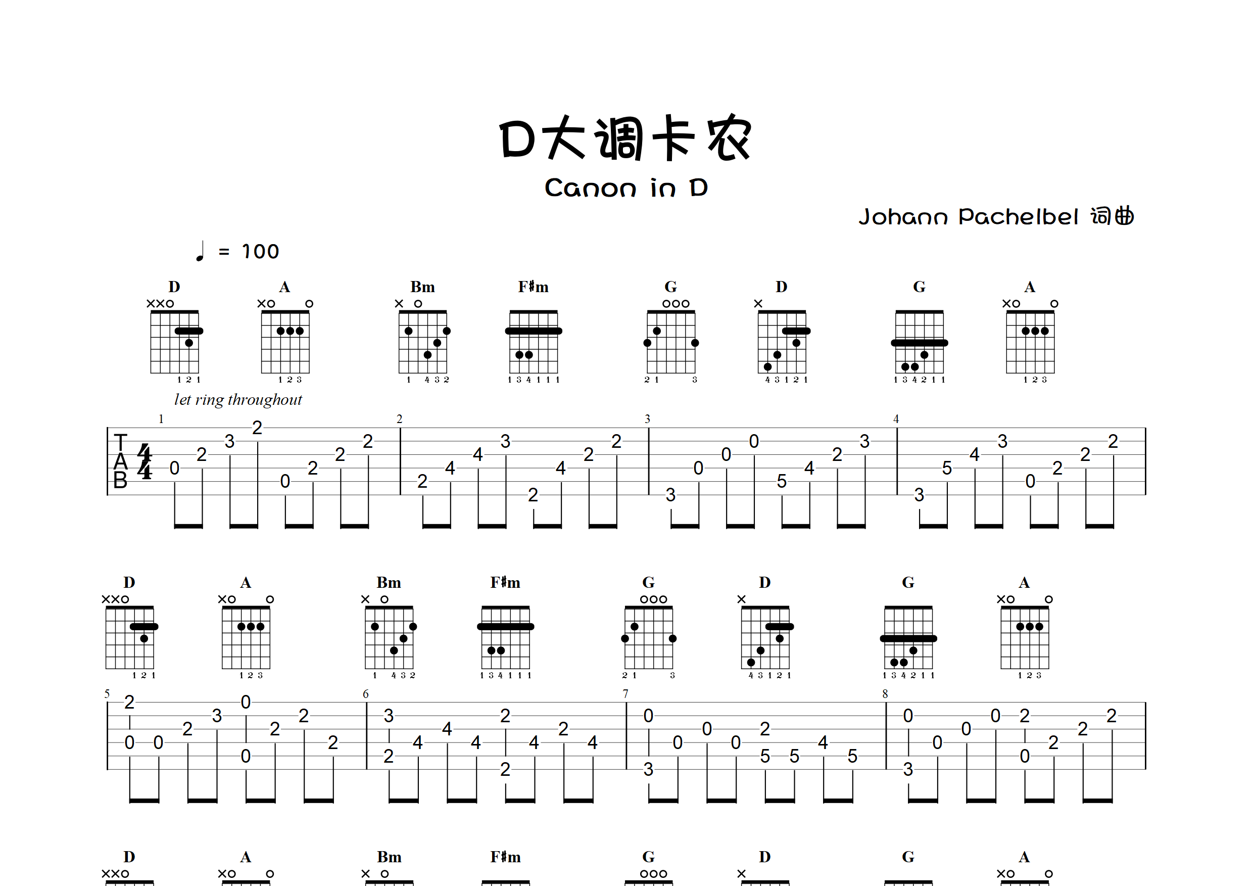 d大调卡农(完整版指弹独奏)吉他谱(图片谱,指弹,独奏