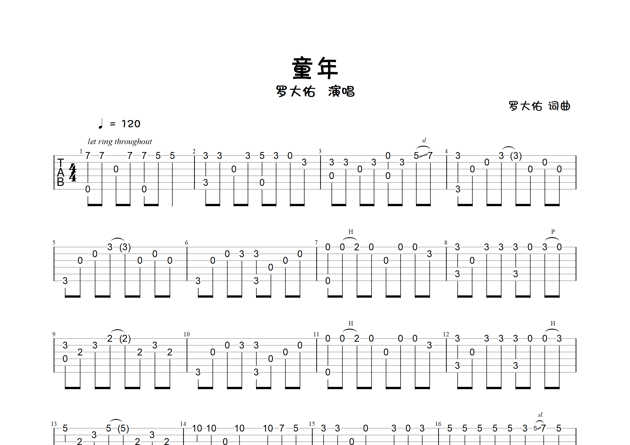 童年(指弹独奏谱)吉他谱(图片谱,独奏,简单版,指弹)_罗大佑 吉他社