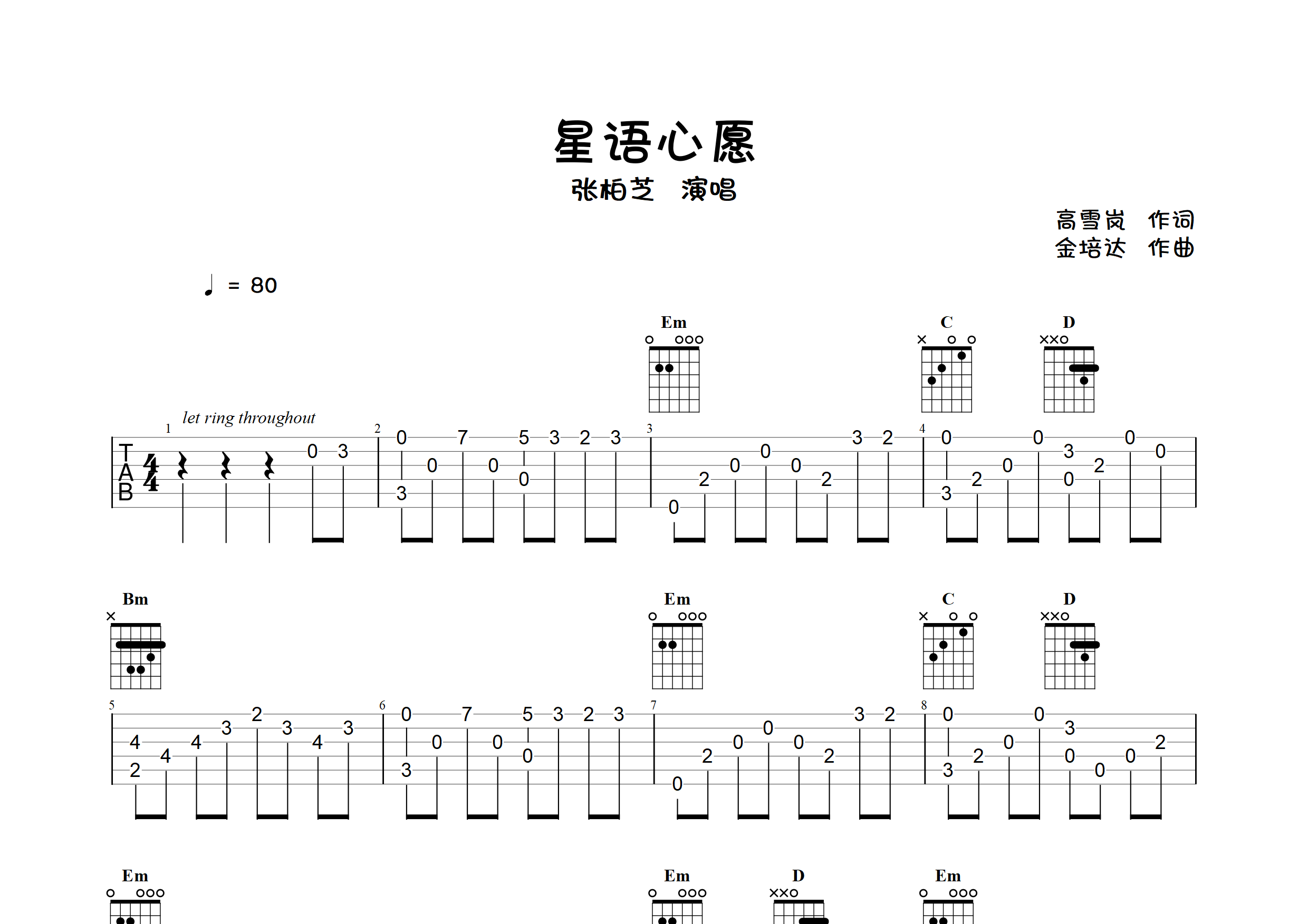 星语心愿(指弹独奏谱)吉他谱(图片谱,简单版,独奏,指弹)_张柏芝
