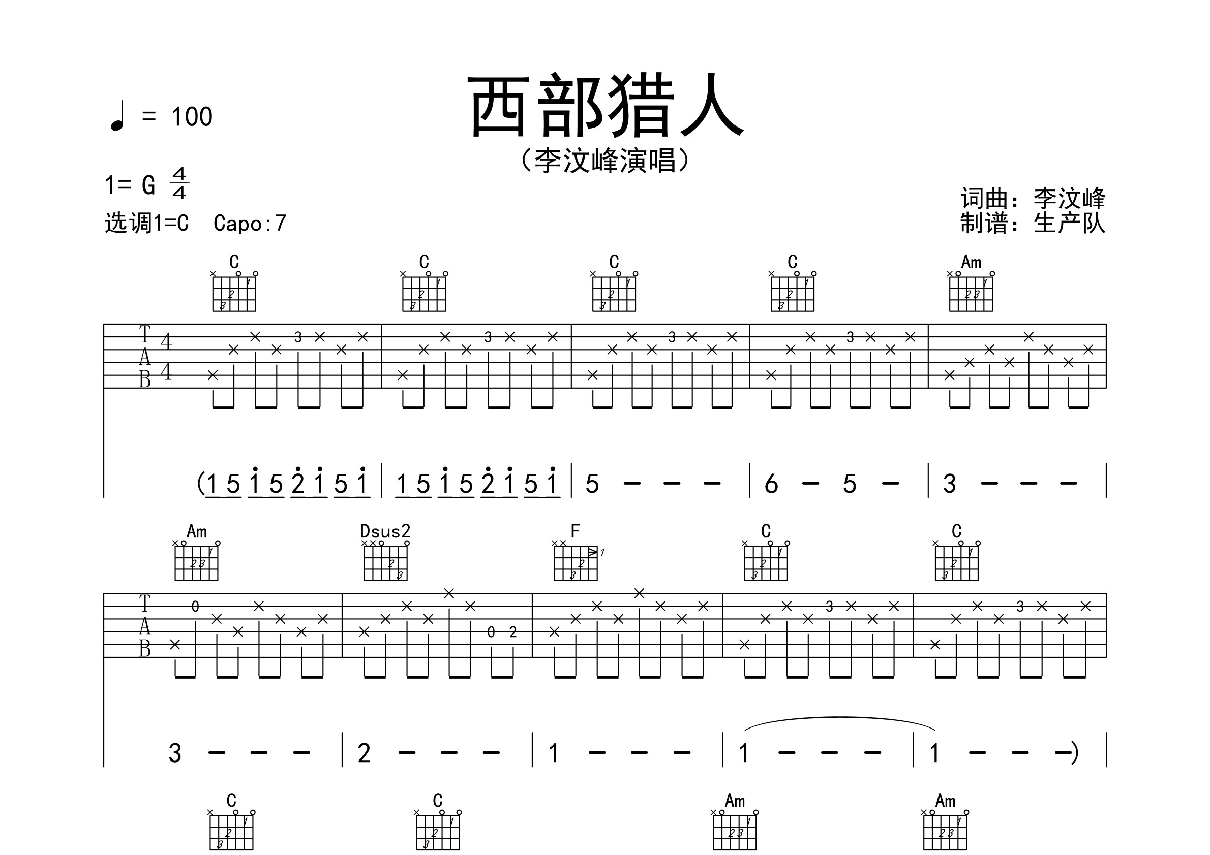 西部猎人(原版吉他谱)吉他谱(图片谱,原版,弹唱,solo)_李汶峰 吉他