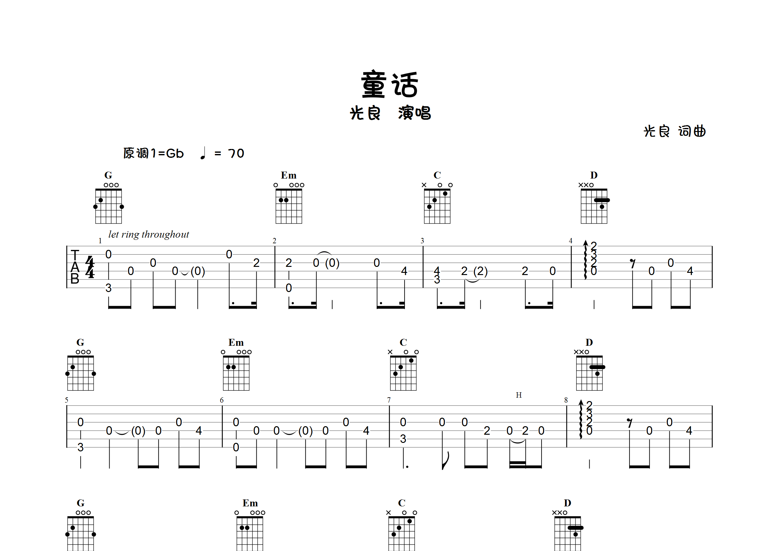 童话(完整版指弹独奏)吉他谱(图片谱)_光良(王光良;michael wong)