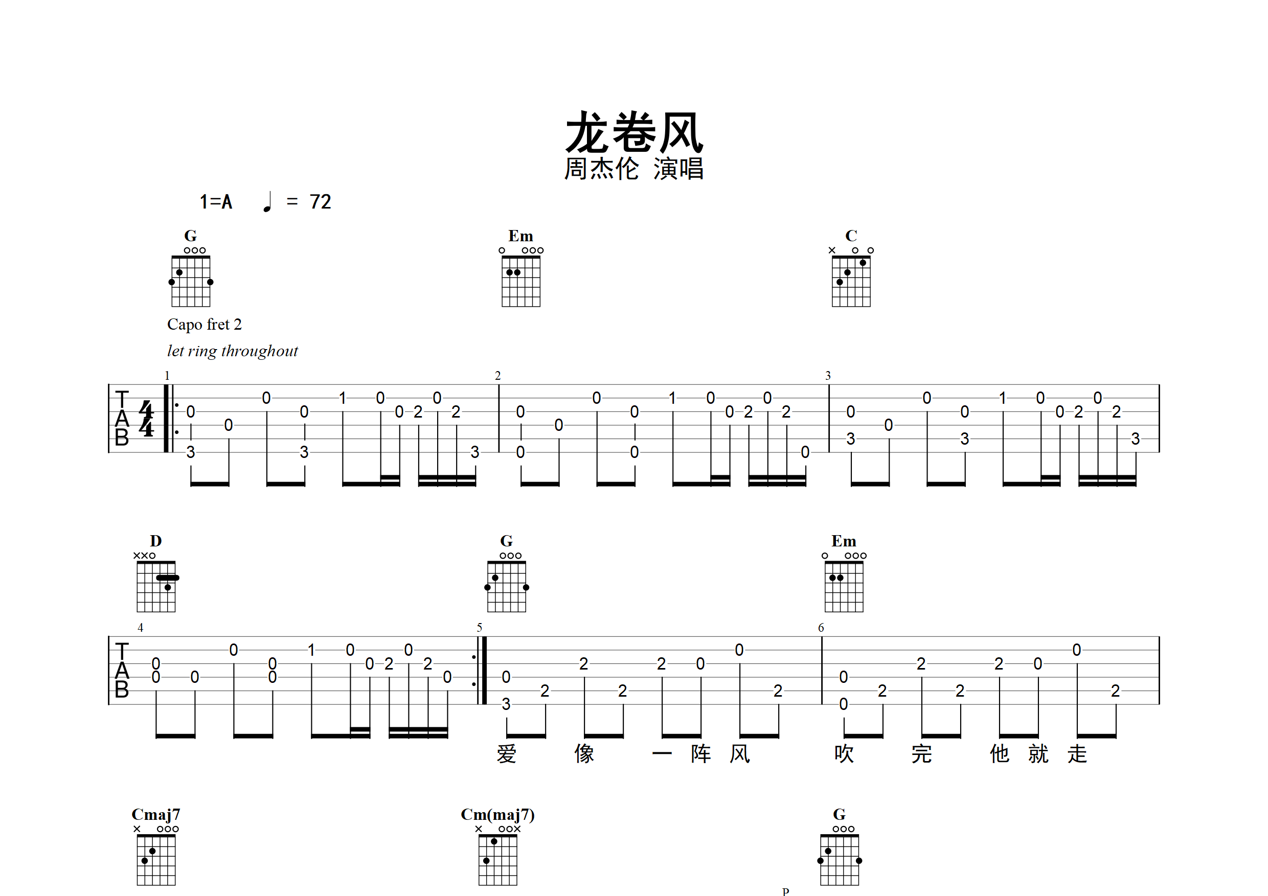 龙卷风吉他谱(图片谱,指弹,独奏,改编版)_周杰伦(jay