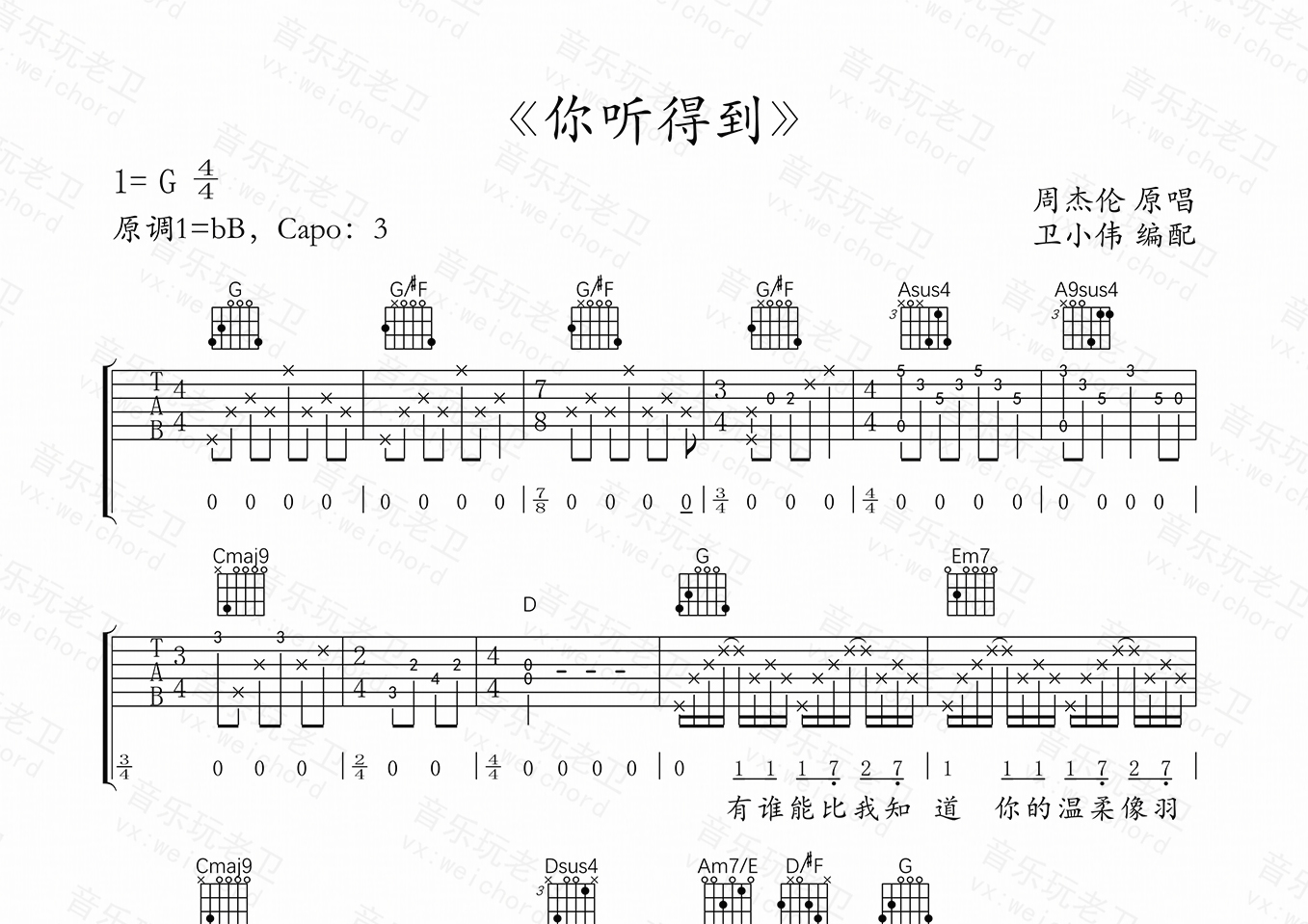 你听得到(精编带前奏版)吉他谱(图片谱,你听得到,周杰伦,原版前奏)