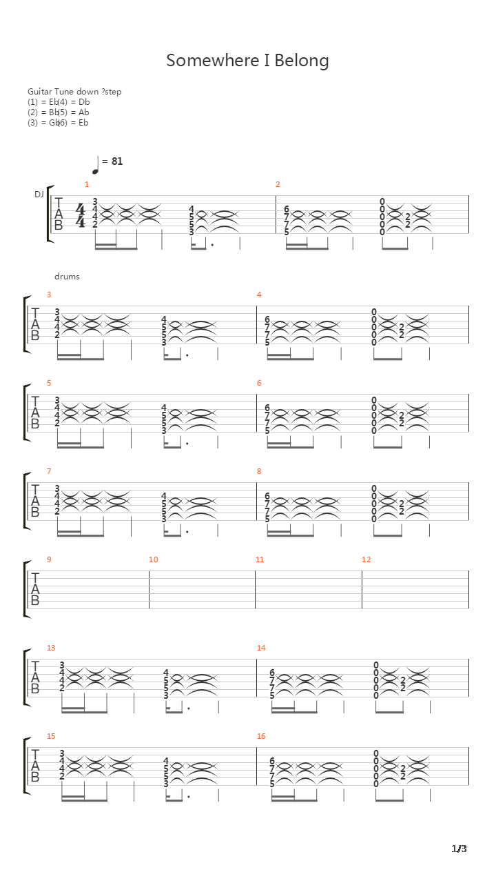 吉他谱信息 歌曲 标题:somewhere i belong 制谱人:deathbloomz