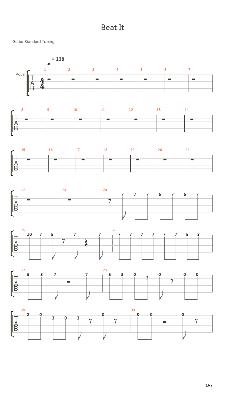 相关吉他谱 吉他谱信息 歌曲 标题:beat it 节拍:♩ = 138 音轨