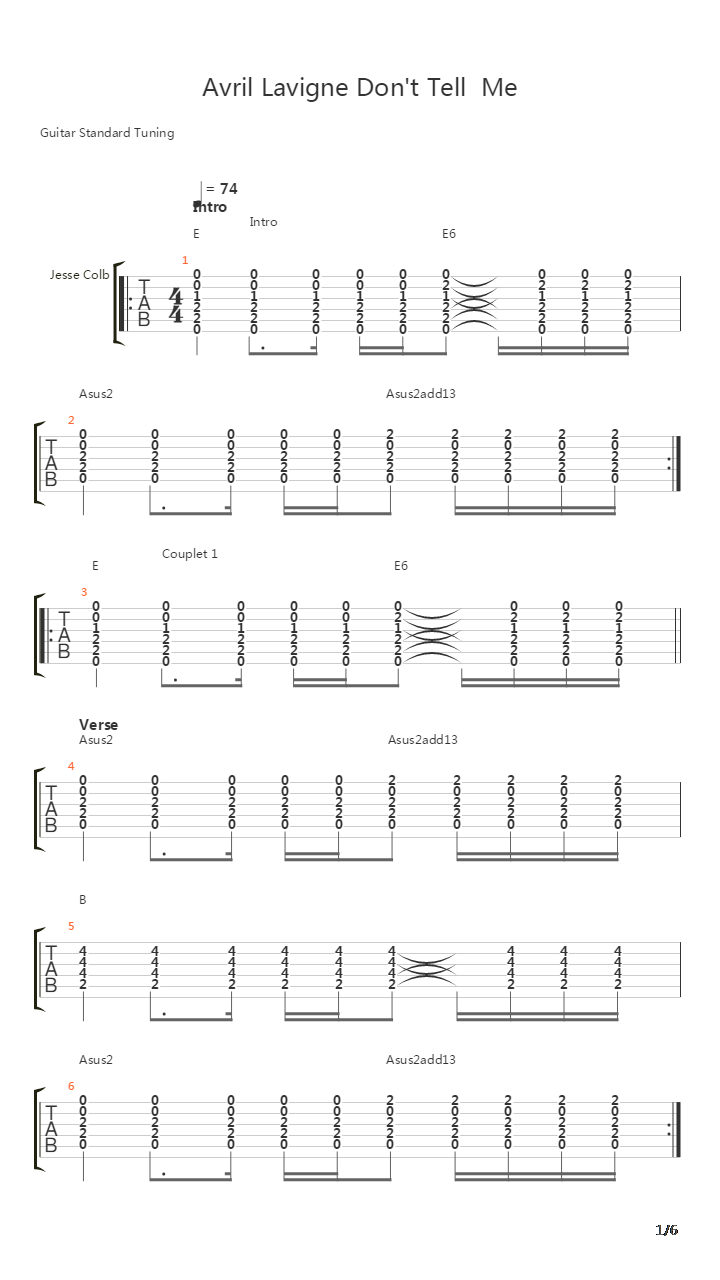 歌曲 标题:avril lavigne don't tell me 节拍 74 和弦:e