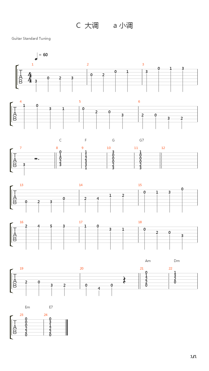 c 大调 a 小调音阶和弦练习吉他谱