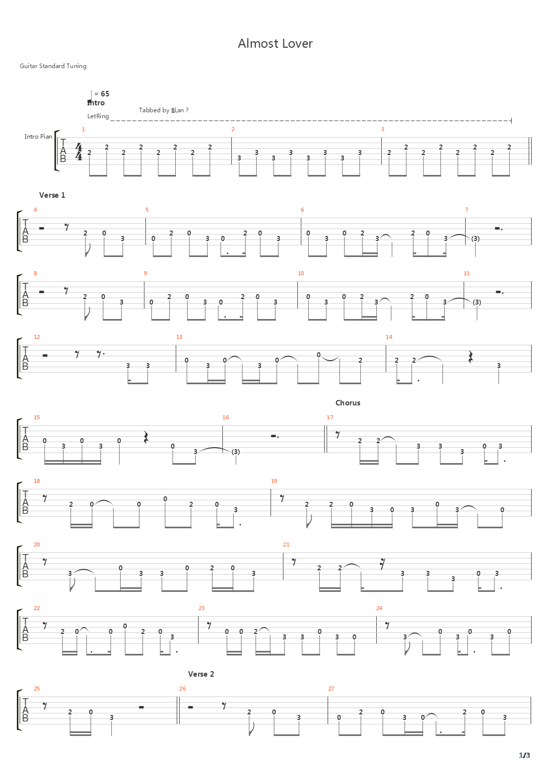 almost lover吉他谱