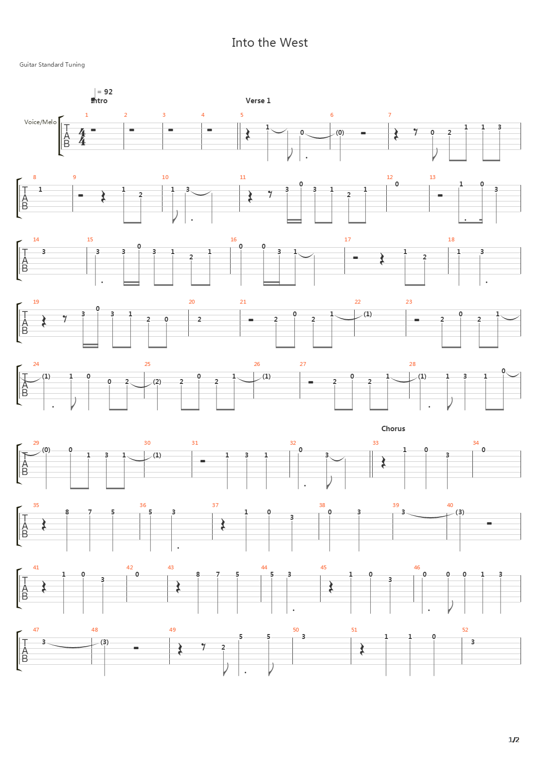 into the west吉他谱