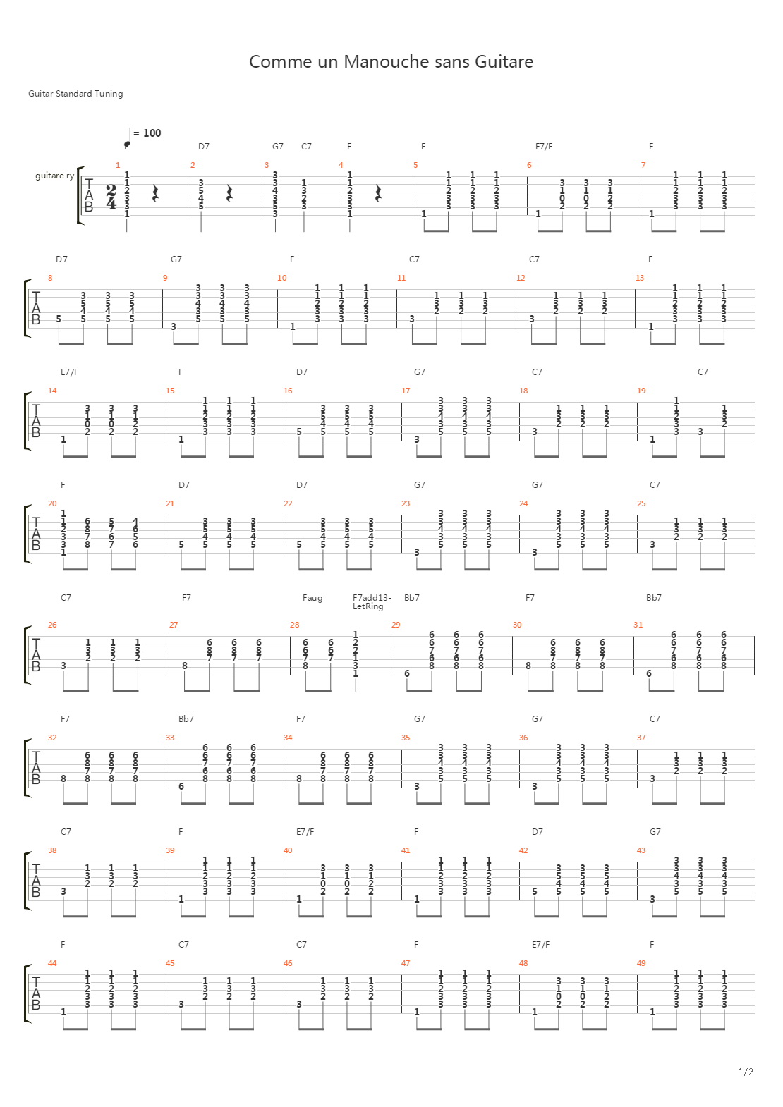 comme un manouche sans guitare吉他谱