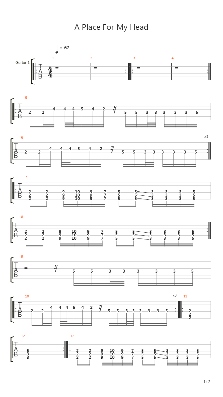 吉他谱信息 歌曲 标题:a place for my head 制谱人:tab by simon kie