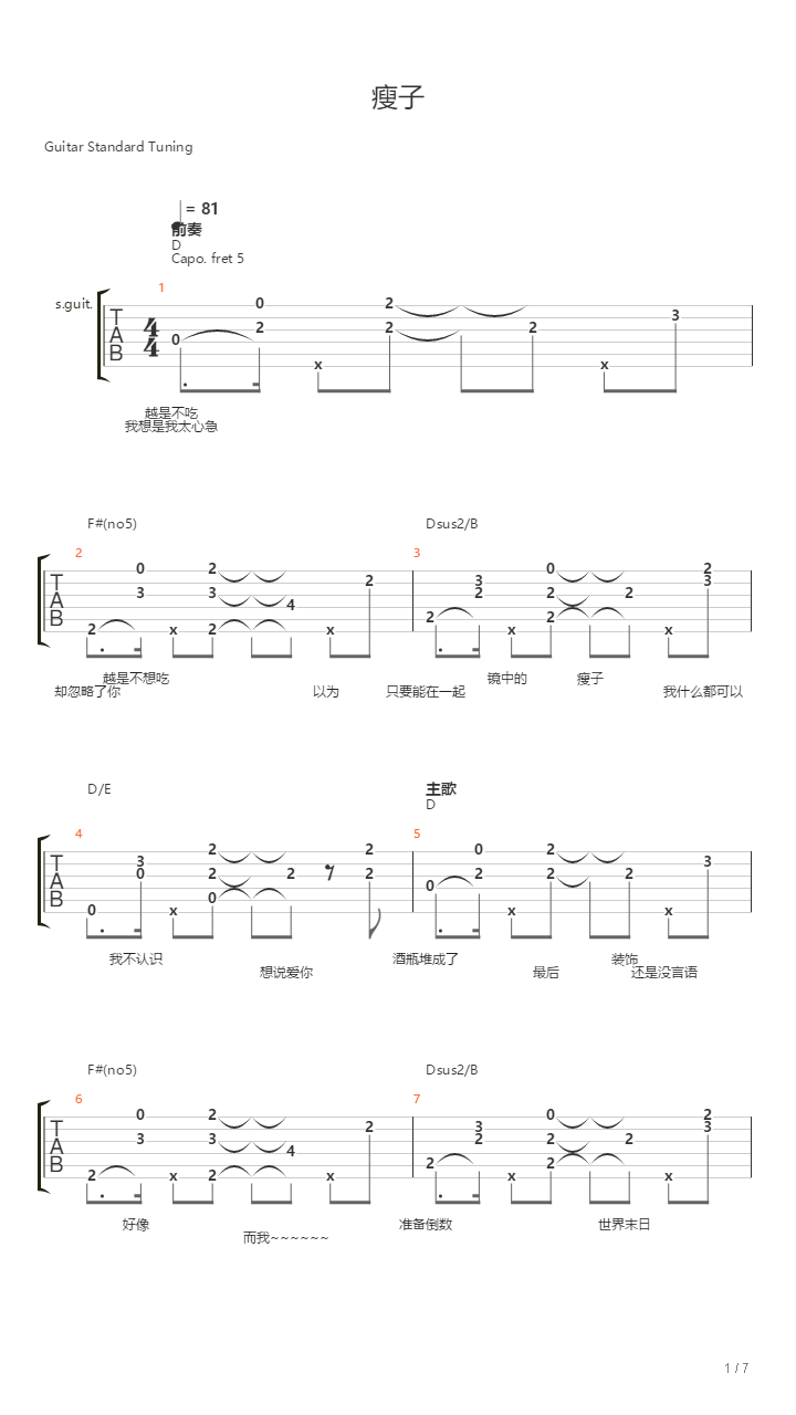 瘦子(汪小敏 不枉 原曲)吉他谱