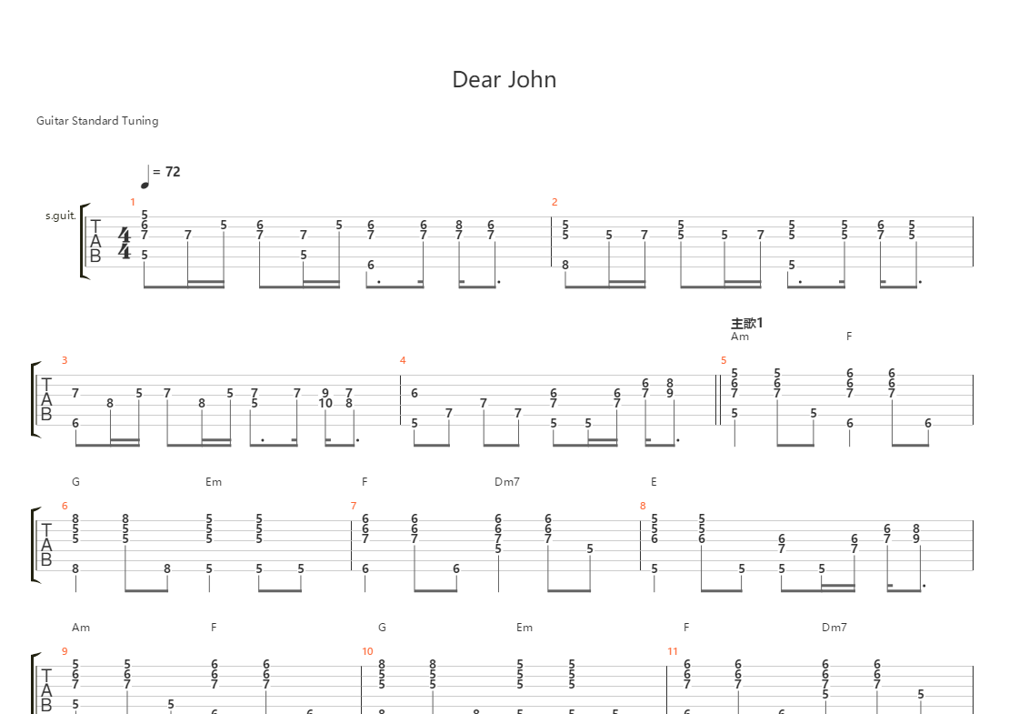dear john(乐队总谱)吉他谱(gtp谱,solo,乐队版,总谱)