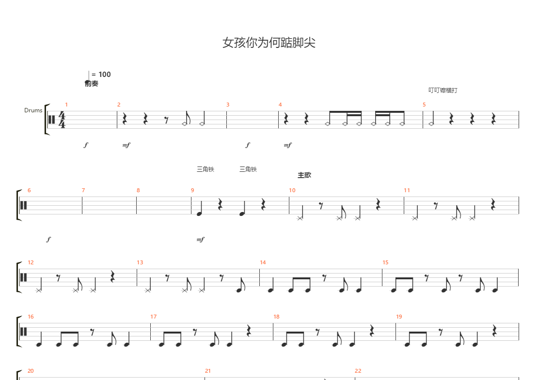 女孩你为何踮脚尖(鼓谱原版)