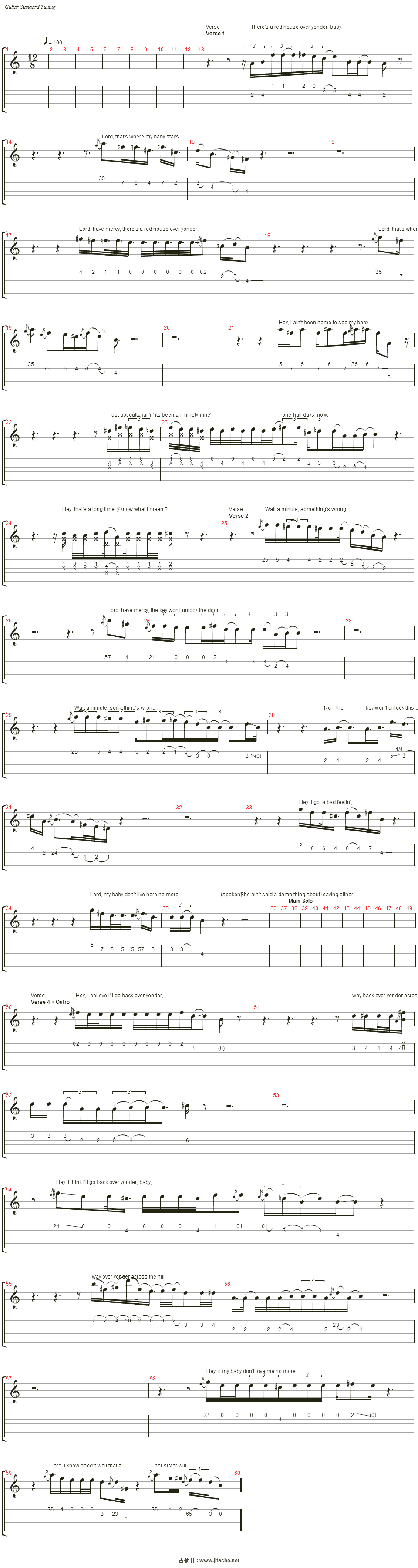 标记:verse 1verse 2main soloverse 4   outro 歌曲: red house 歌词