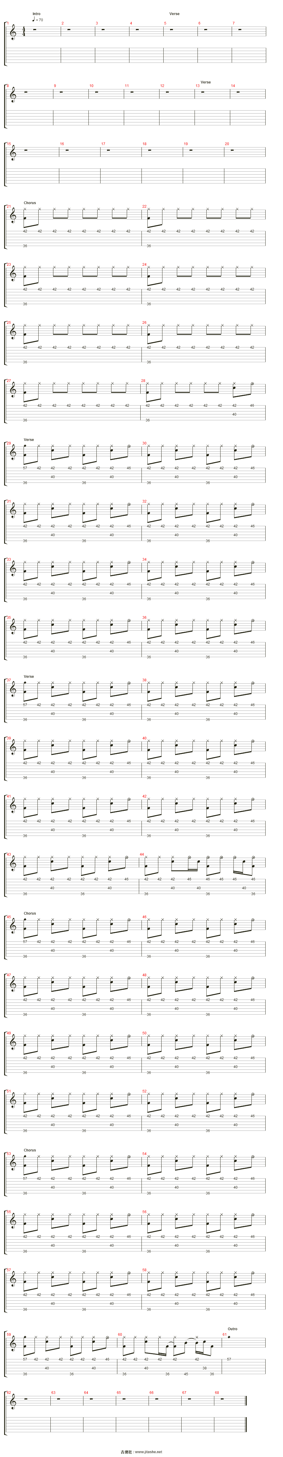 节拍:♩ = 70 key:1 和弦:e b7 am d g5 c em am/gaam