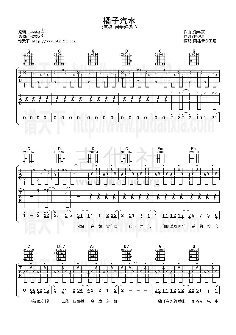 橘子汽水（不太好）吉他谱(图片谱)_南拳妈妈_南拳妈妈《橘子汽水》吉他谱六线谱1.jpg