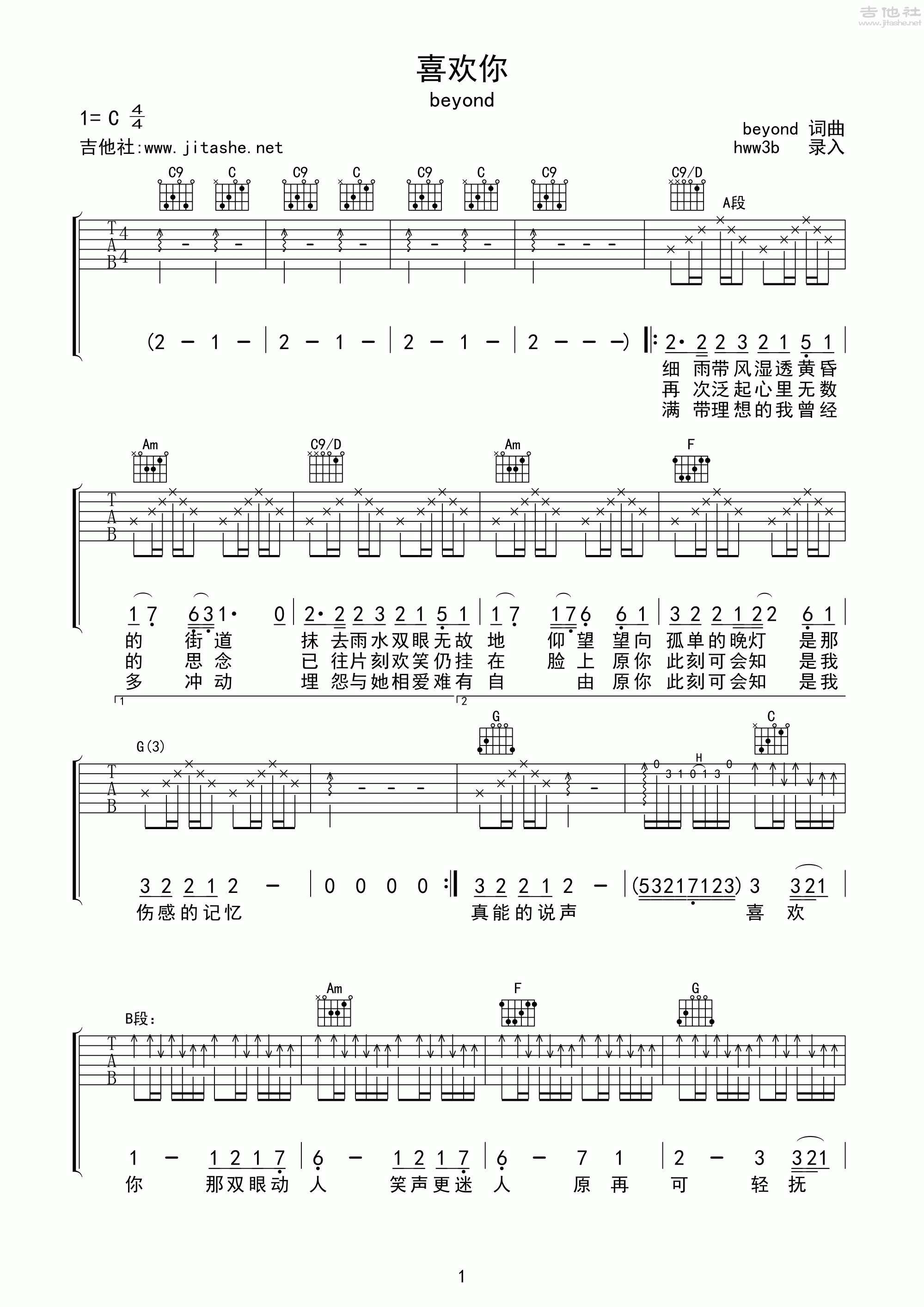 喜欢你吉他谱(图片谱,弹唱)_Beyond_喜欢你01.gif