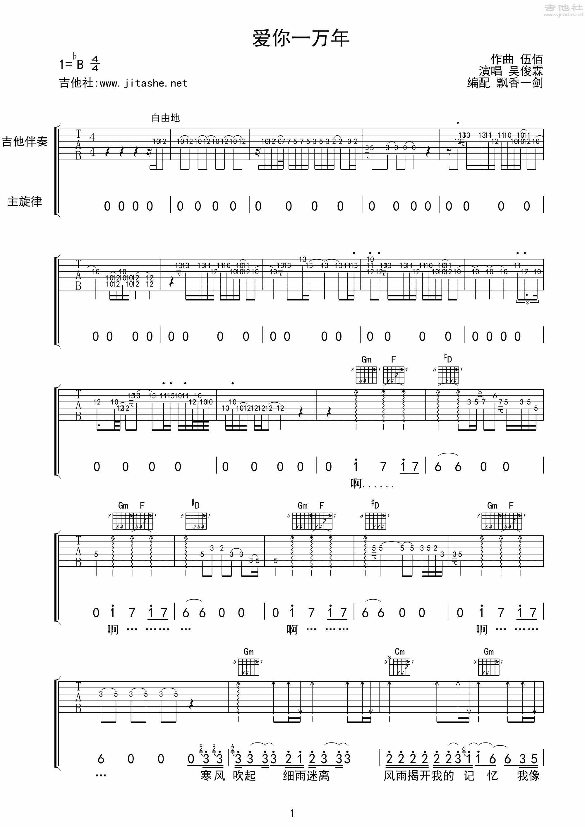 爱你一万年吉他谱(图片谱)_伍佰&China Blue_爱你一万年01.gif