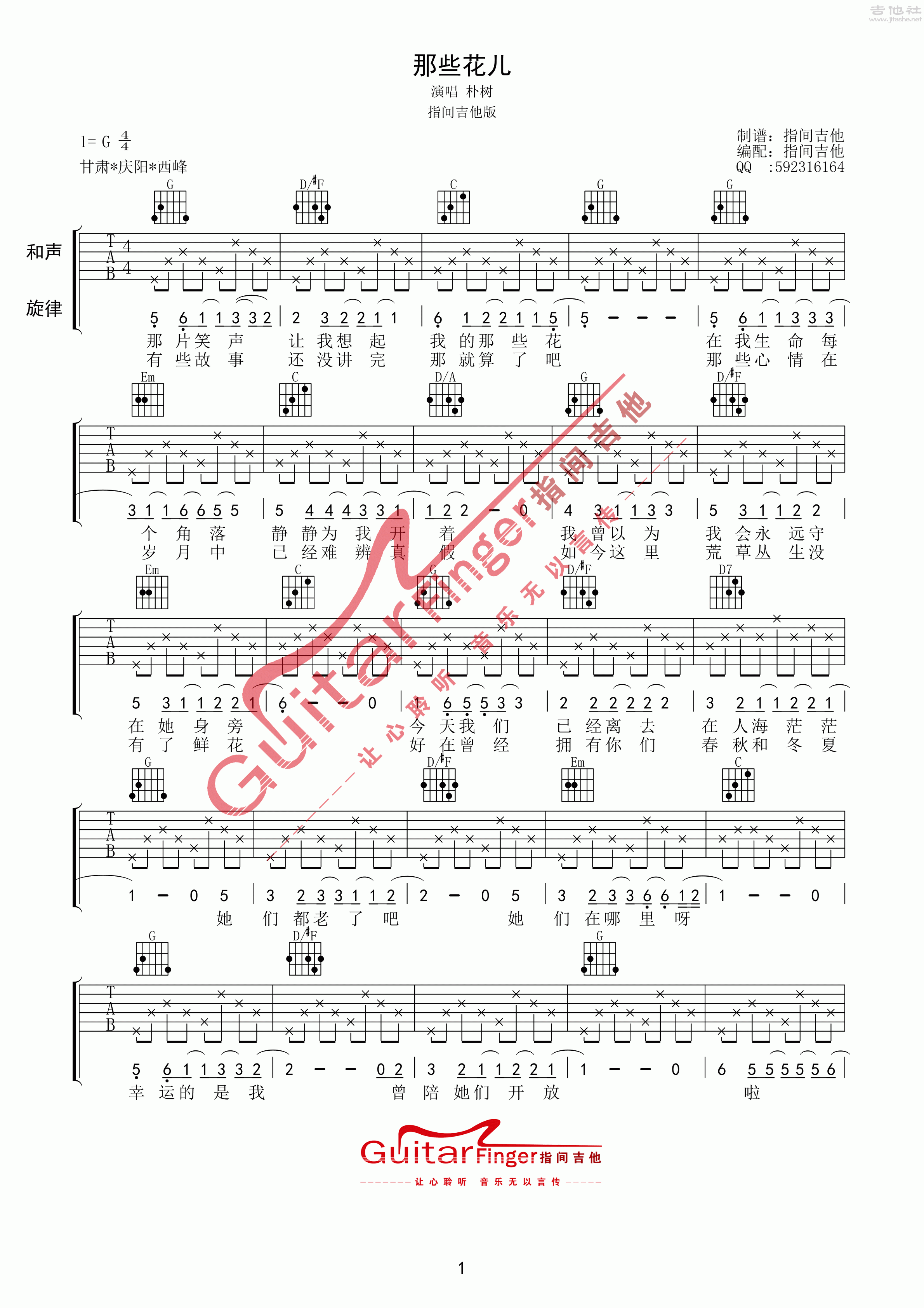 那些花儿吉他谱(图片谱,弹唱,分解和弦)_朴树_《那些花儿》  朴树 指间吉他版本 本_1.gif