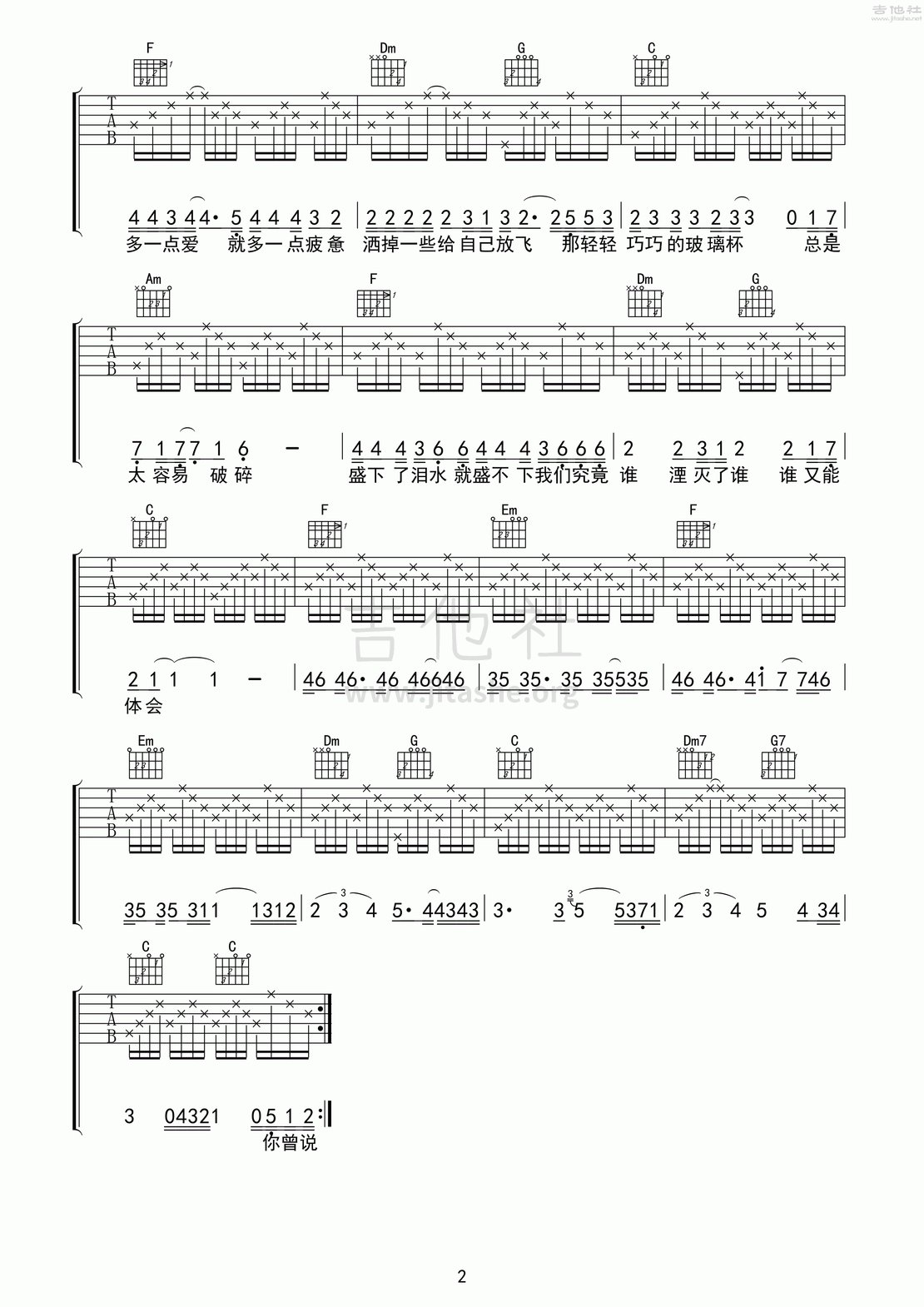 玻璃杯吉他谱(图片谱,校园民谣,弹唱,分解和弦)_曹卉娟_玻璃杯2.gif