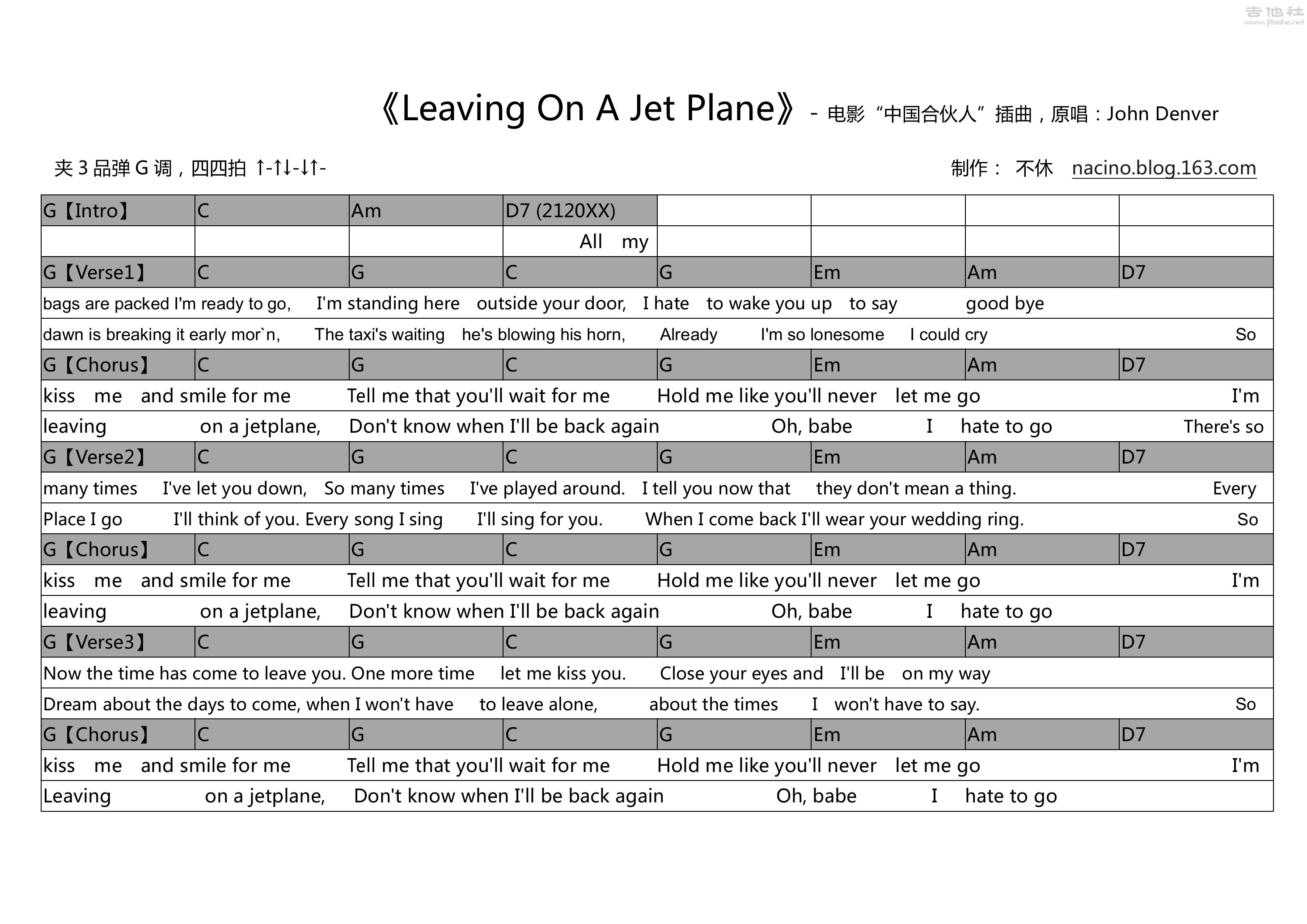 Leaving On A Jet Plane(电影“中国合伙人”插曲)吉他谱(图片谱,弹唱)_岑宁儿(Yoyo Sham;岑宝儿)_Leaving On Jet Plane.jpg